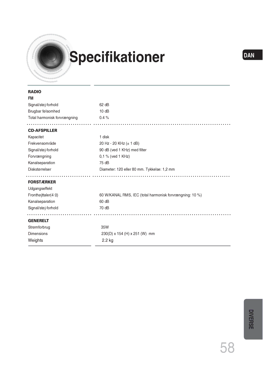 Samsung MM-DG25R/XEE manual Specifikationer, Cd-Afspiller 