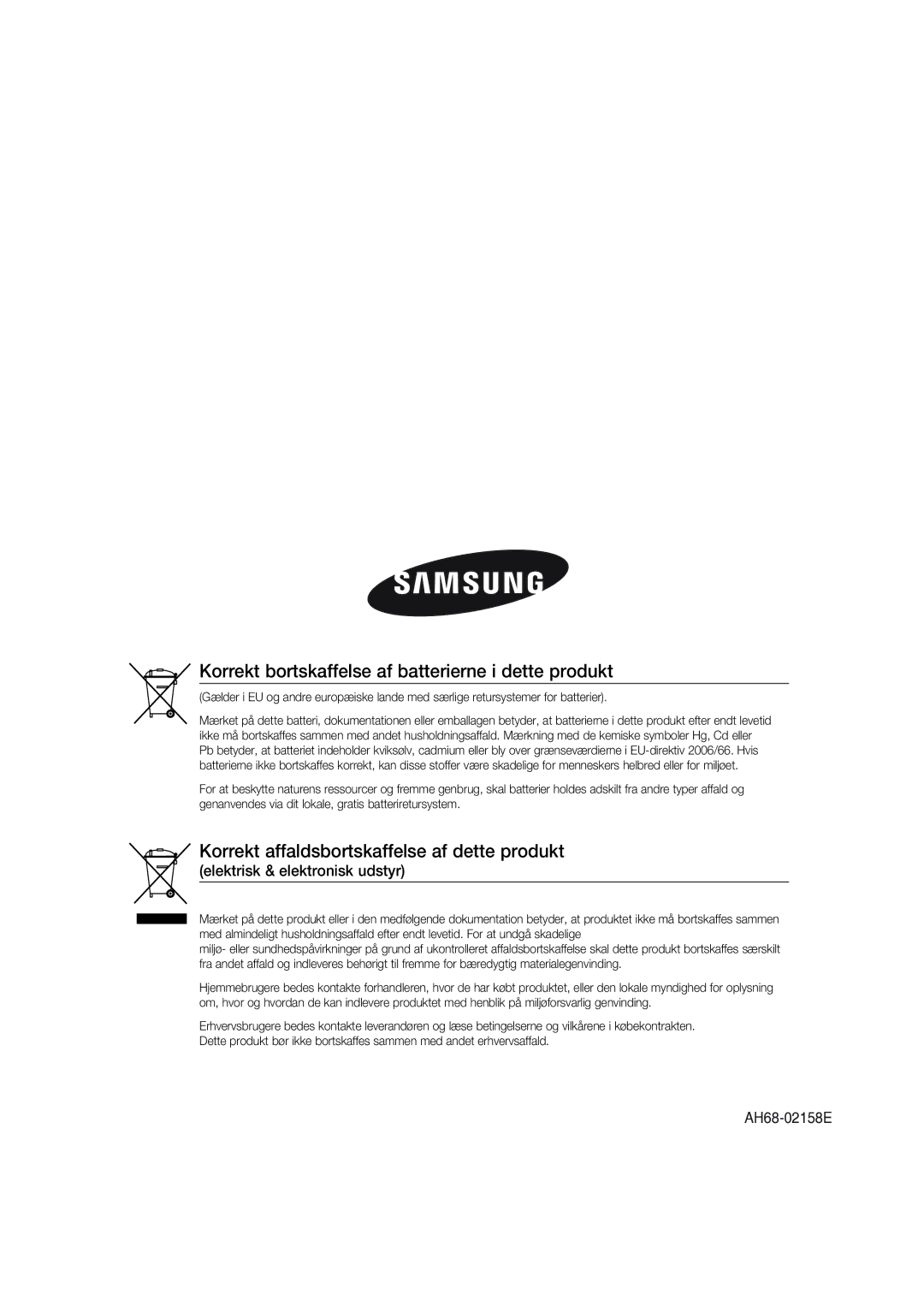 Samsung MM-DG25R/XEE manual Korrekt bortskaffelse af batterierne i dette produkt 