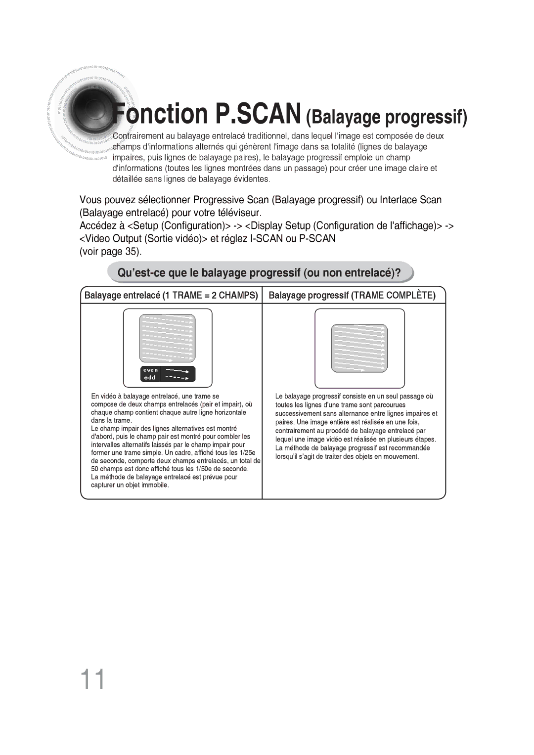 Samsung MM-DG25R/XEF manual Fonction P.SCAN Balayage progressif, Qu’est-ce que le balayage progressif ou non entrelacé? 