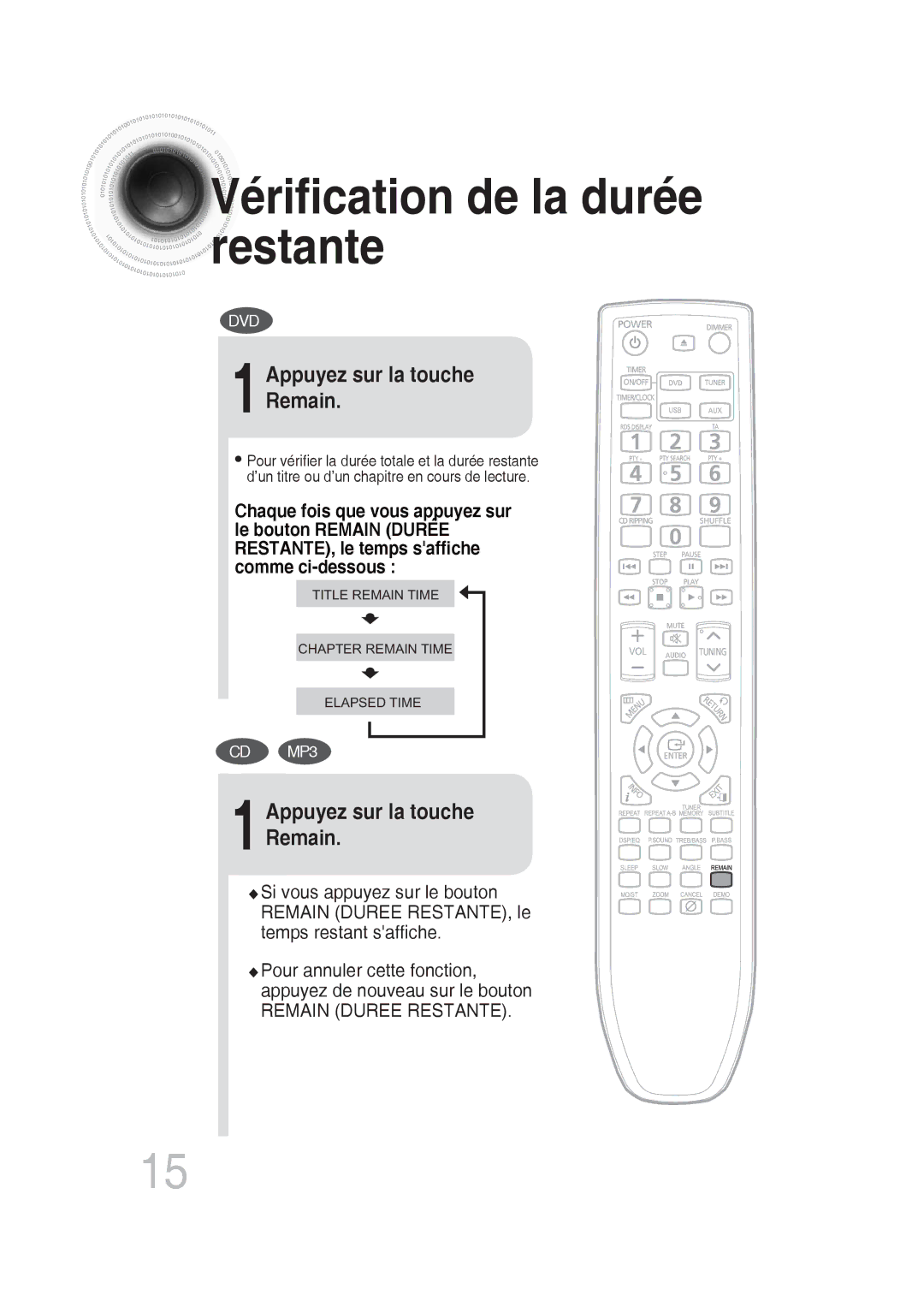 Samsung MM-DG25R/XEF manual Vérification de la durée restante, 1Appuyez sur la touche Remain 