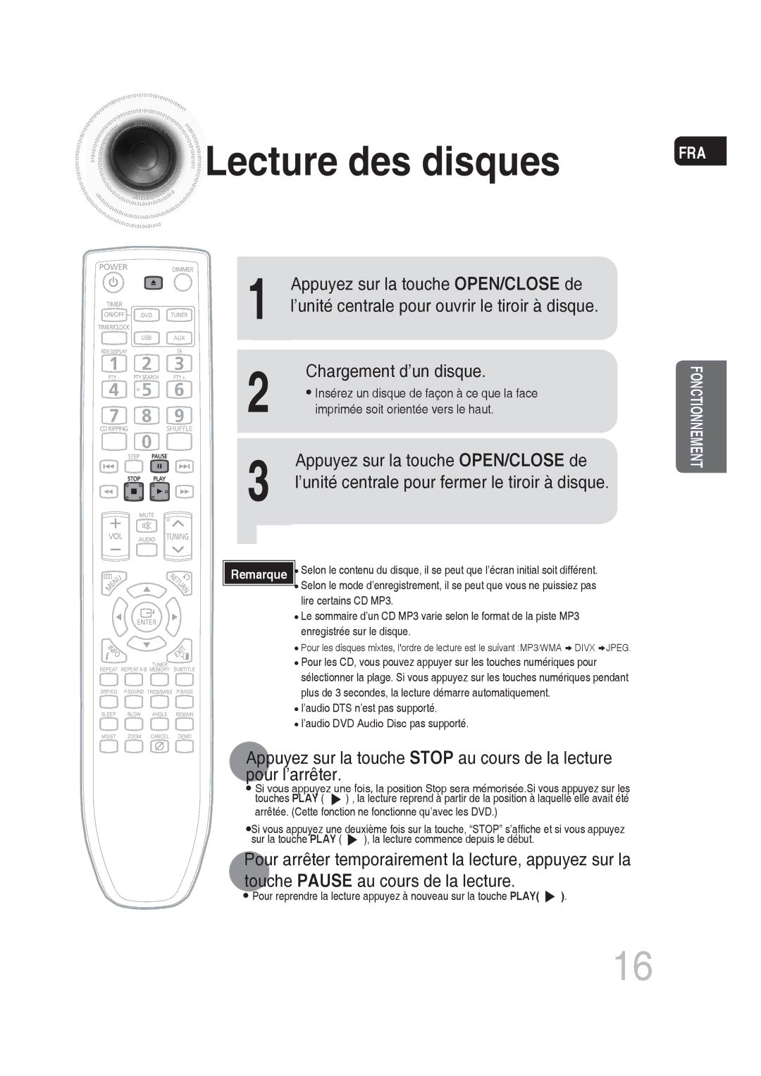 Samsung MM-DG25R/XEF manual Lecture des disques, Appuyez sur la touche OPEN/CLOSE de, Chargement d’un disque 