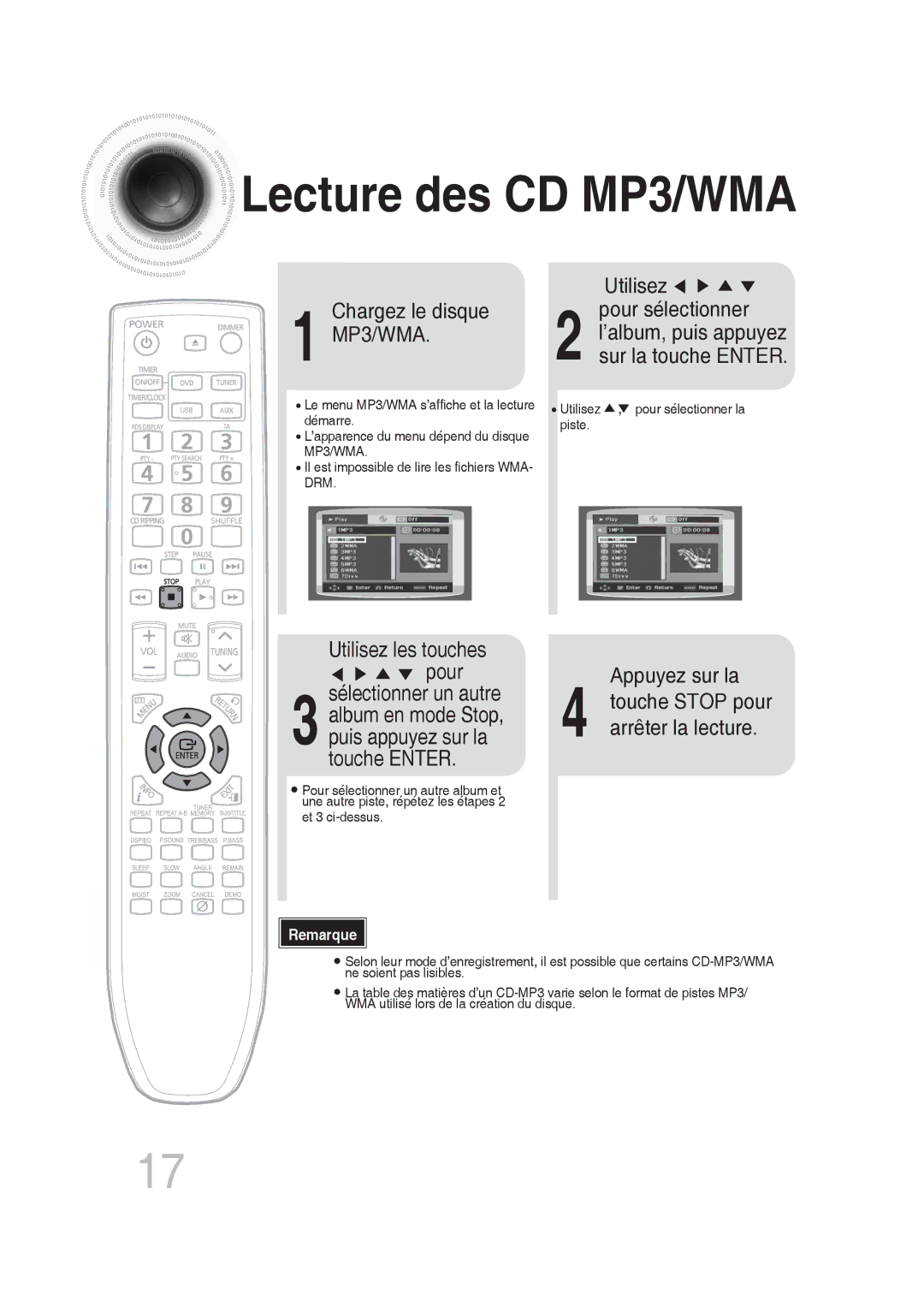 Samsung MM-DG25R/XEF manual Lecture des CD MP3/WMA, Utilisez, Chargez le disque Pour sélectionner MP3/WMA 