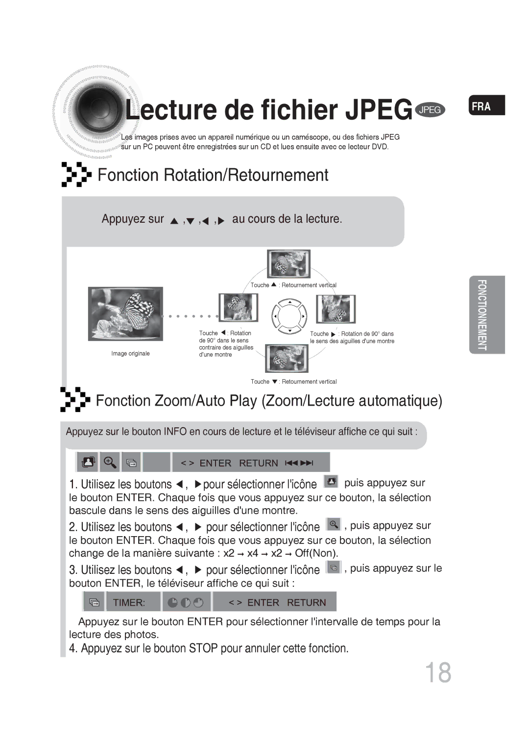 Samsung MM-DG25R/XEF manual Lecture de fichier Jpeg Jpeg, Appuyez sur , , , au cours de la lecture 