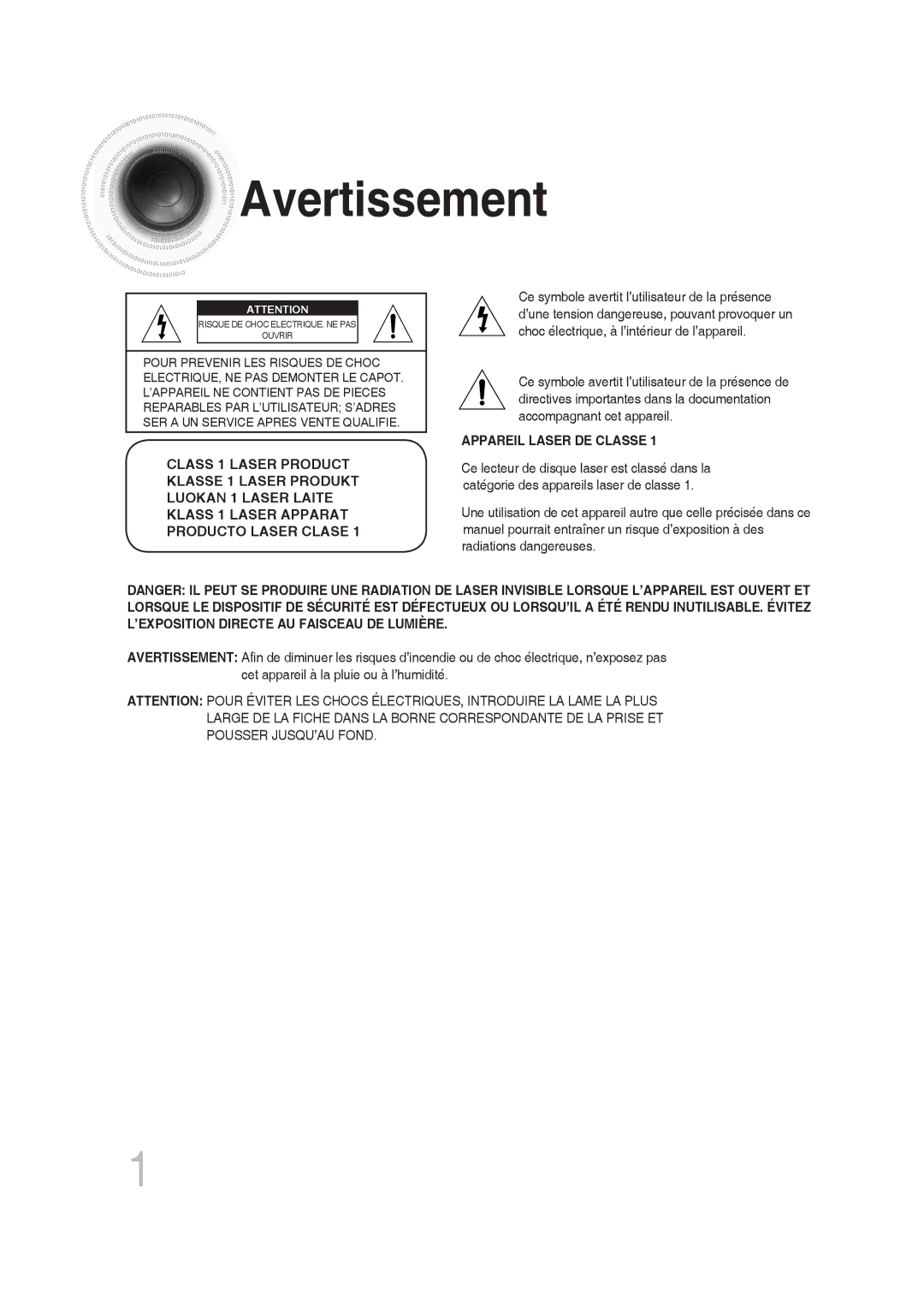 Samsung MM-DG25R/XEF manual Avertissement, Appareil Laser DE Classe 