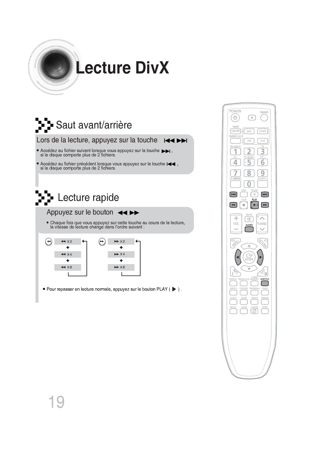 Samsung MM-DG25R/XEF manual Lecture DivX, Appuyez sur le bouton, Lors de la lecture, appuyez sur la touche 