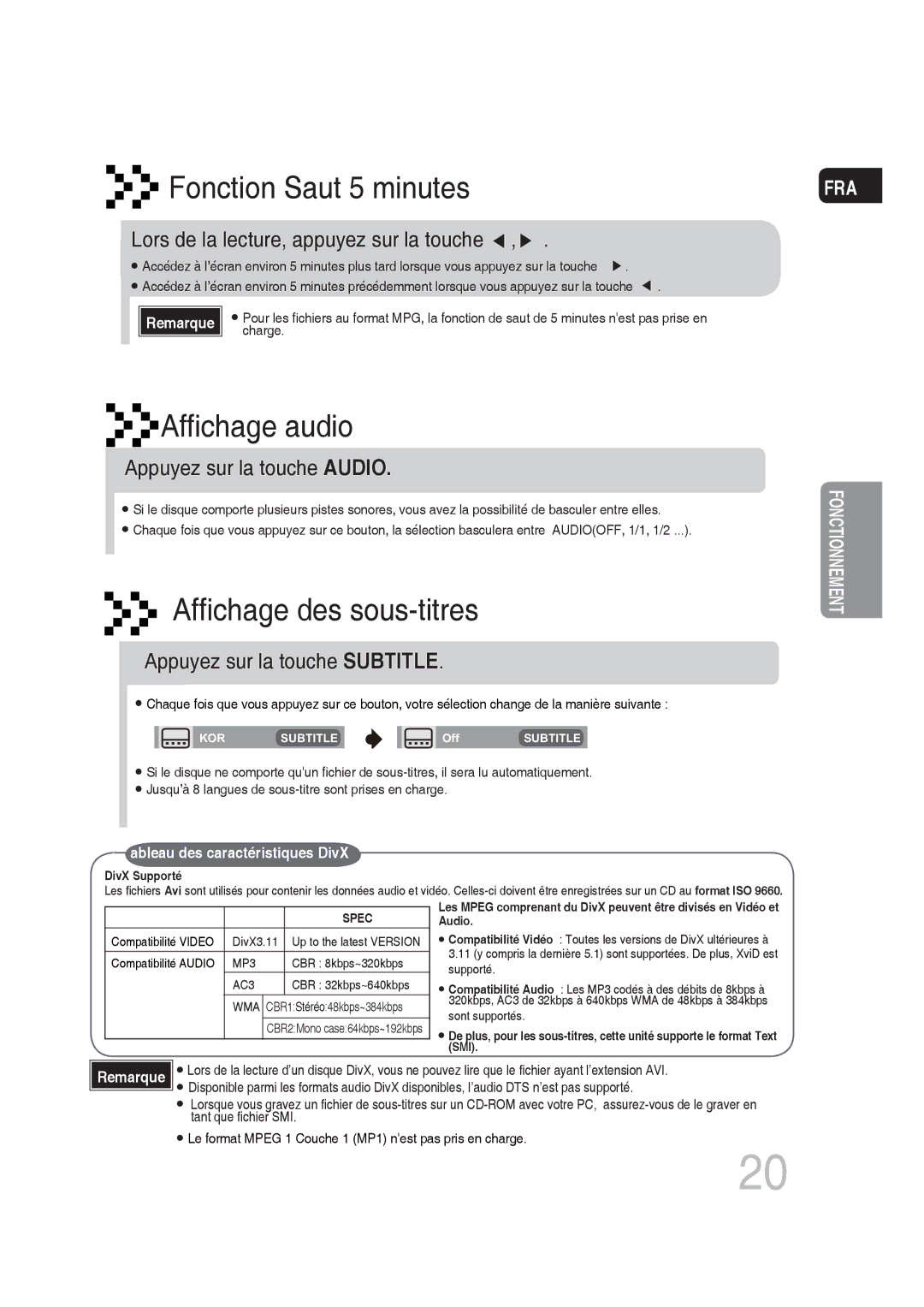 Samsung MM-DG25R/XEF manual Fonction Saut 5 minutes, Lors de la lecture, appuyez sur la touche, Appuyez sur la touche Audio 