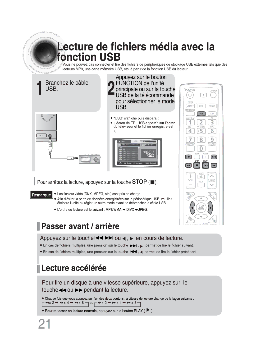 Samsung MM-DG25R/XEF manual Passer avant / arrière, Lecture accélérée, 1Branchez le câble USB 