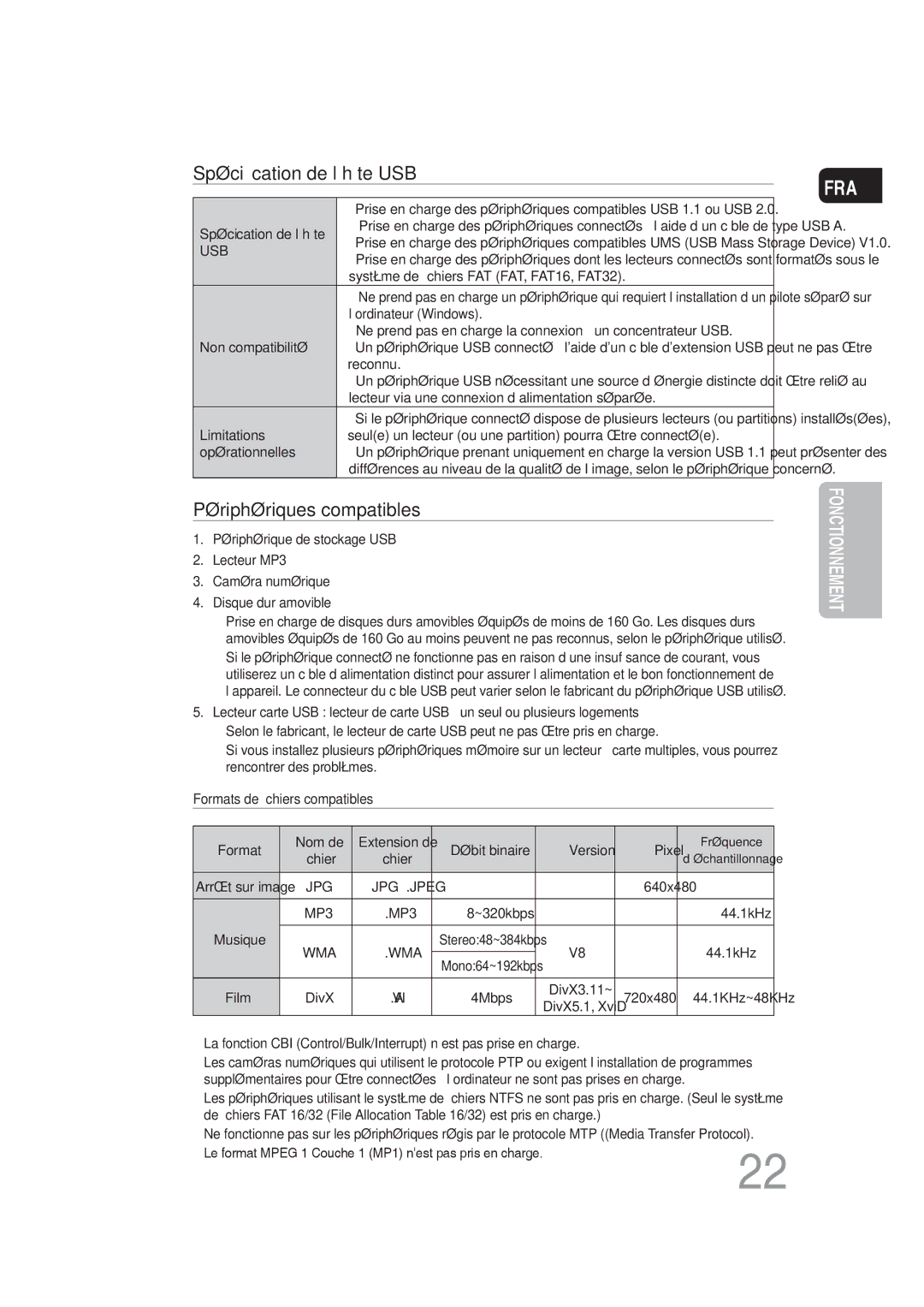 Samsung MM-DG25R/XEF manual Spéciﬁcation de l’hôte USB 