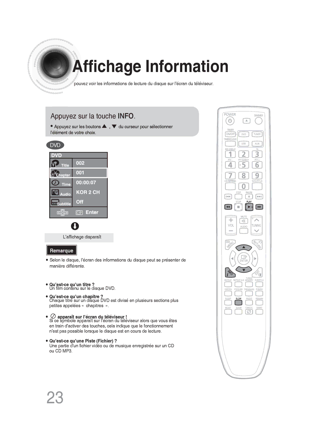 Samsung MM-DG25R/XEF manual Affichage Information, Appuyez sur la touche Info 