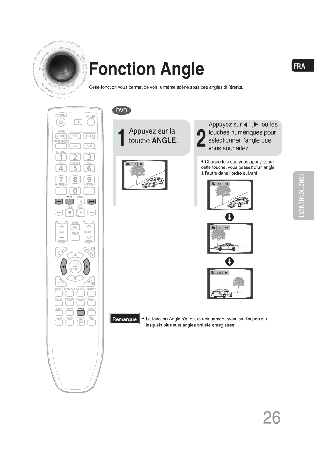 Samsung MM-DG25R/XEF manual Fonction Angle, 1Appuyez sur la touche Angle, Appuyez sur , ou les 