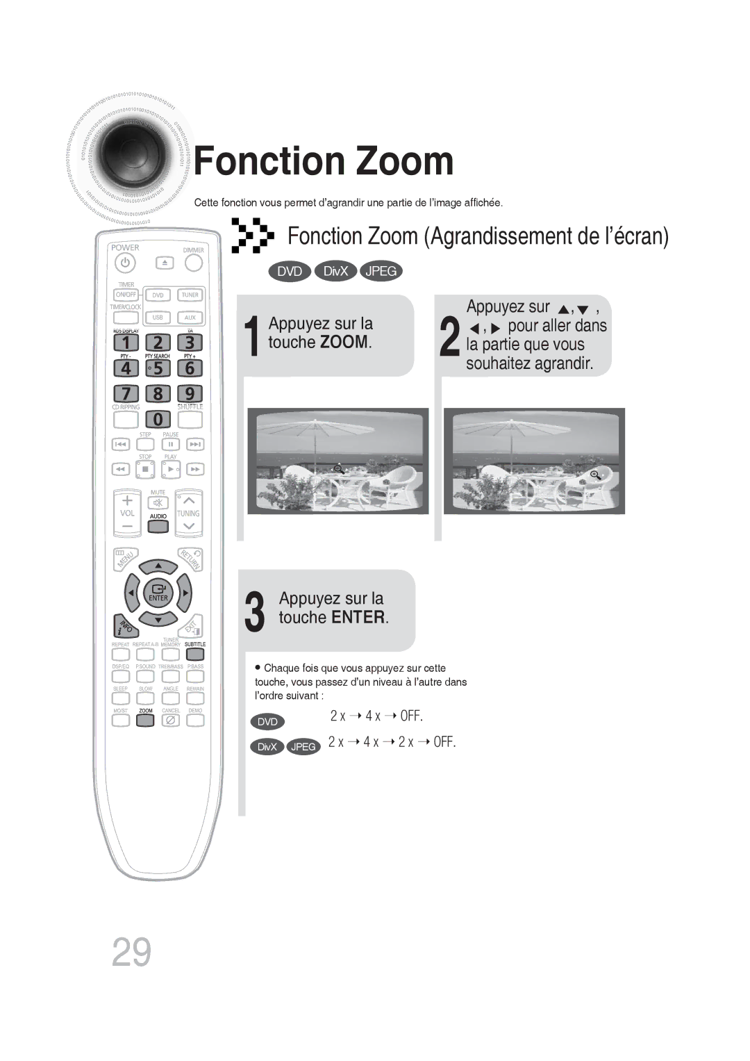 Samsung MM-DG25R/XEF manual Fonction Zoom, 1Appuyez sur la touche Zoom, Appuyez sur la touche Enter 