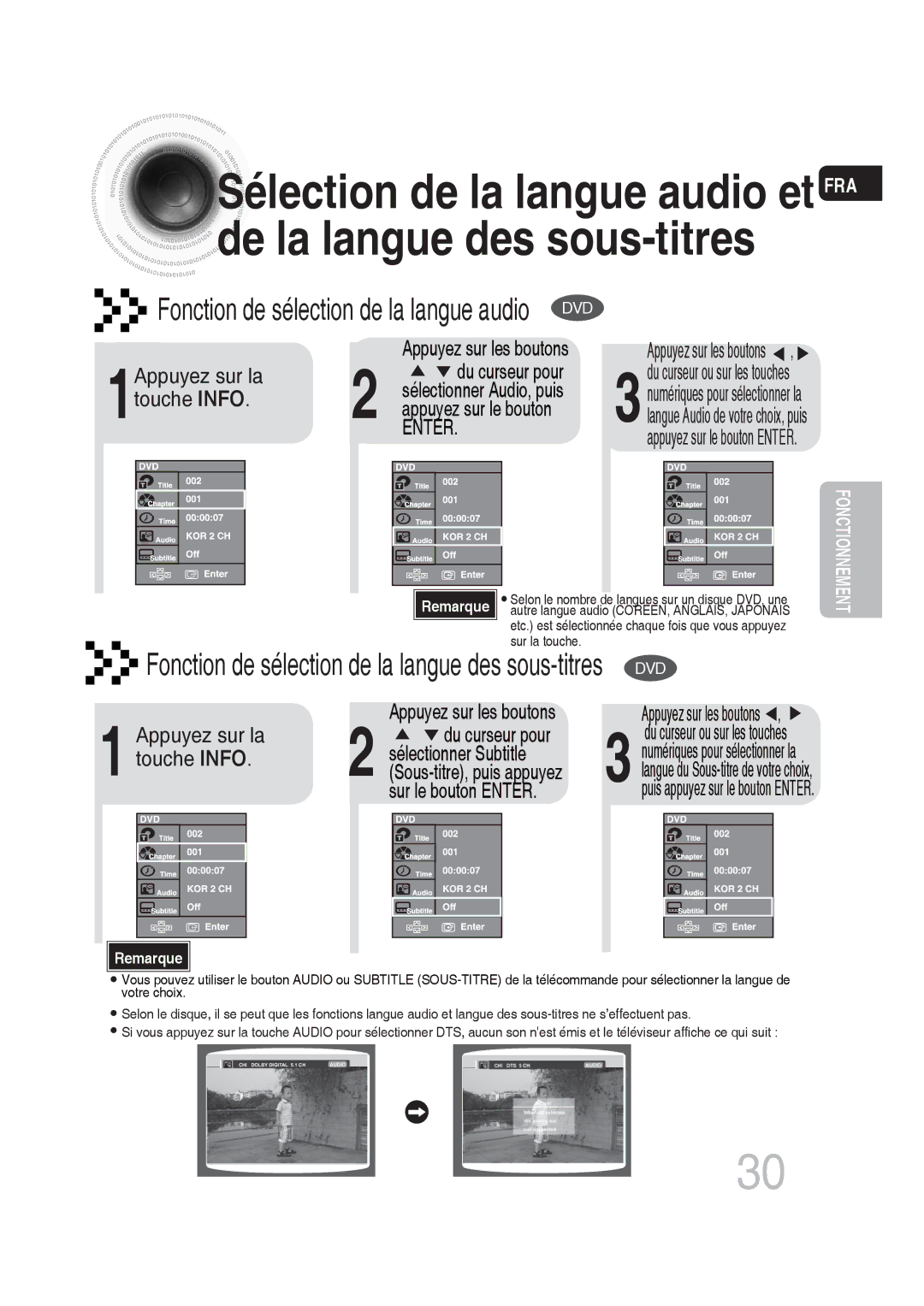 Samsung MM-DG25R/XEF manual Touche Info, Appuyez sur les boutons, Fonction de sélection de la langue des sous-titres 