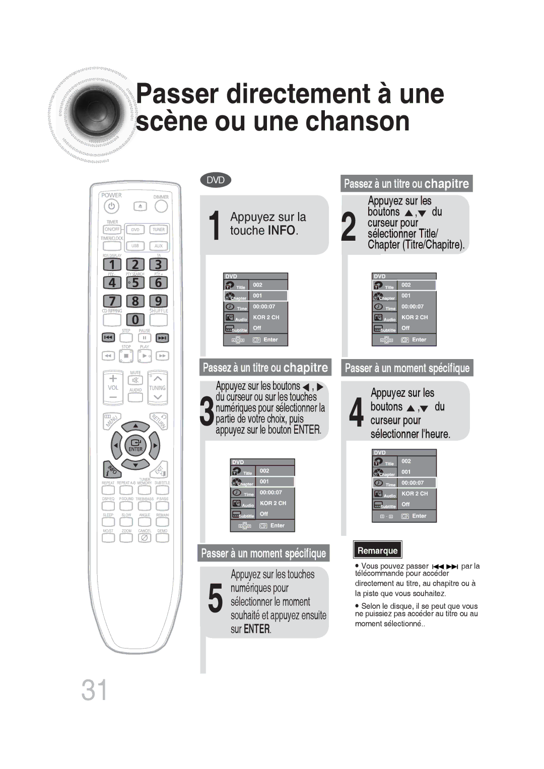 Samsung MM-DG25R/XEF manual Passer directement à une scène ou une chanson, Appuyez sur la touche Info 