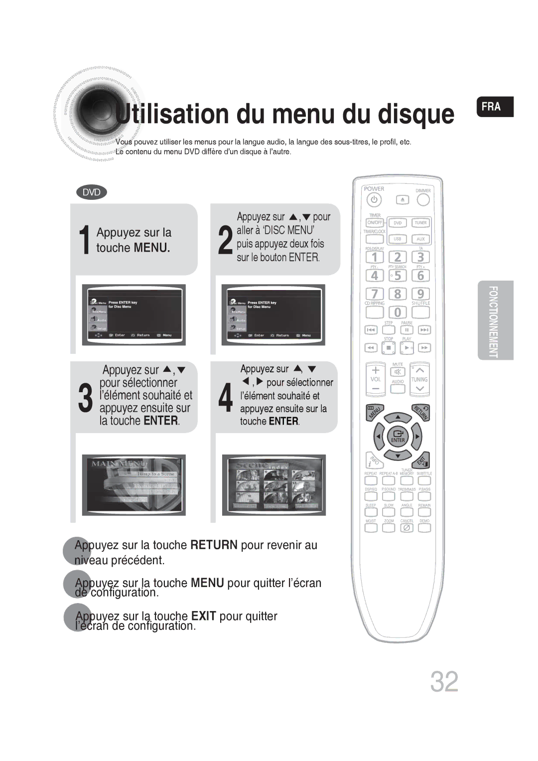 Samsung MM-DG25R/XEF manual Utilisation du menu du disque, Touche Menu, Appuyez sur, La touche Enter, Appuyez ensuite sur 