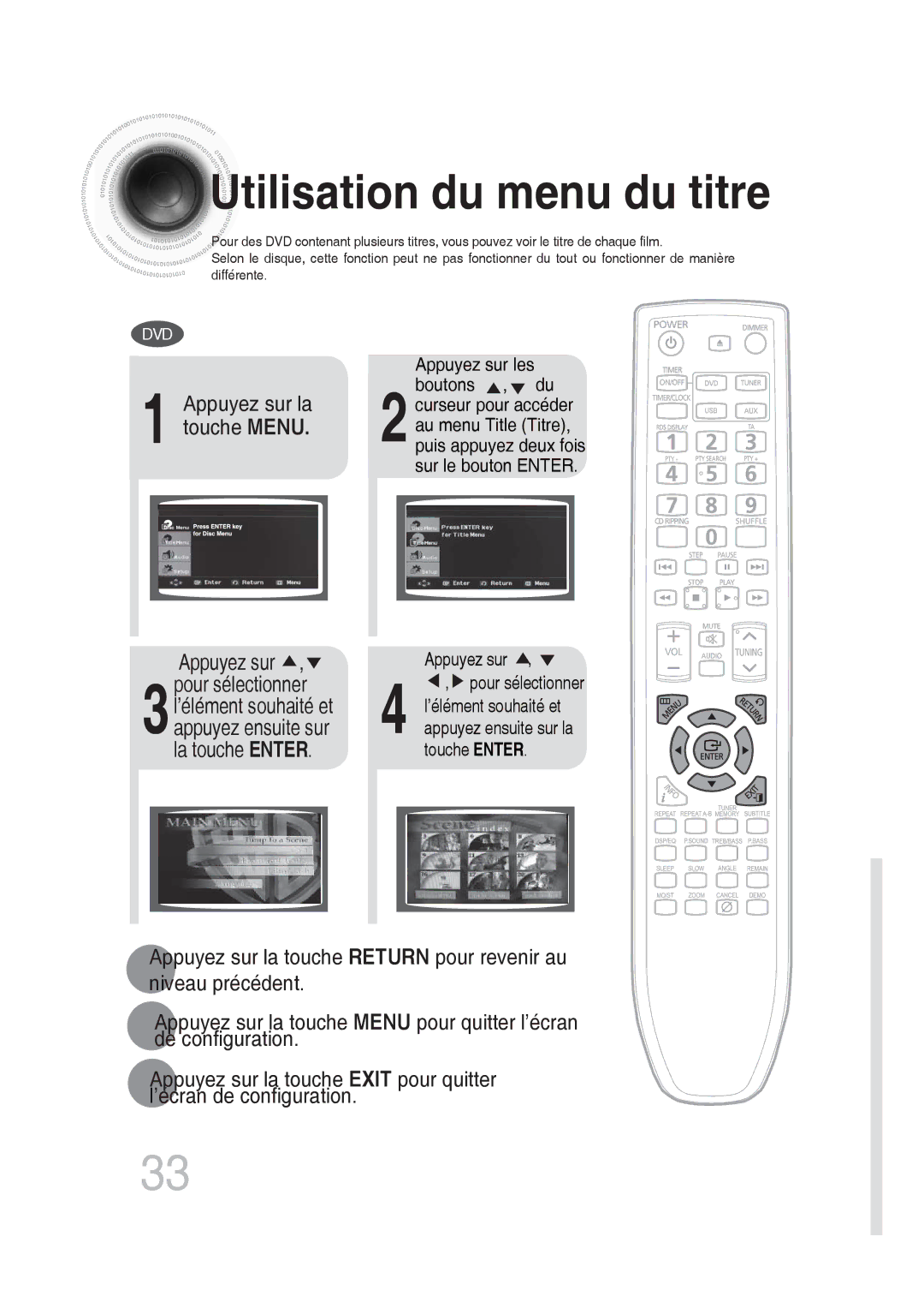 Samsung MM-DG25R/XEF manual Utilisation du menu du titre, Appuyez sur la touche Menu 