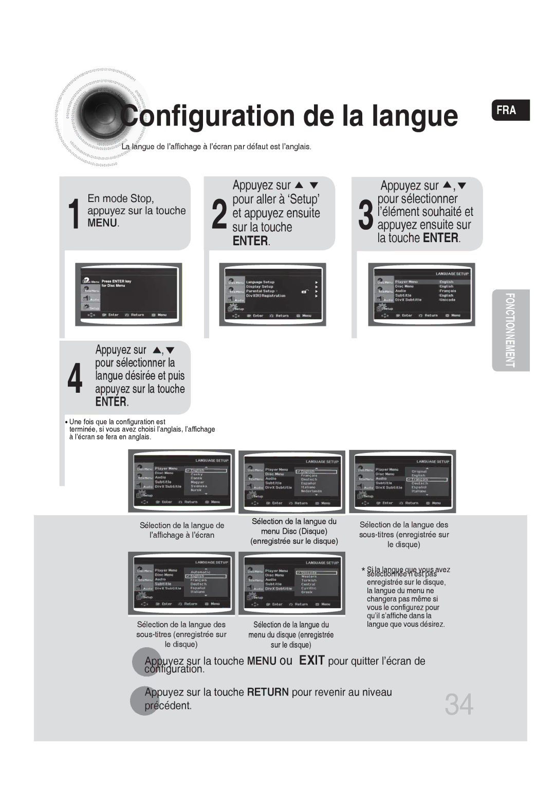 Samsung MM-DG25R/XEF manual Sur la touche, 1En mode Stop, appuyez sur la touche Menu 