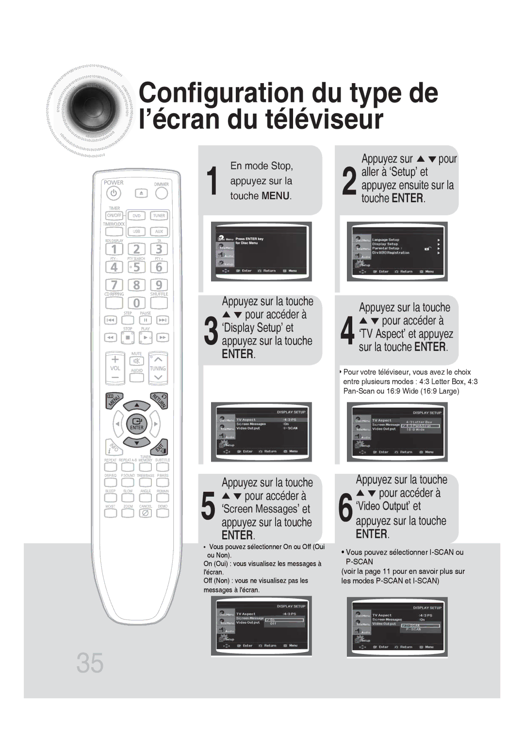 Samsung MM-DG25R/XEF Configuration du type de l’écran du téléviseur, Appuyez sur pour, Pour accéder à 3‘Display Setup’ et 