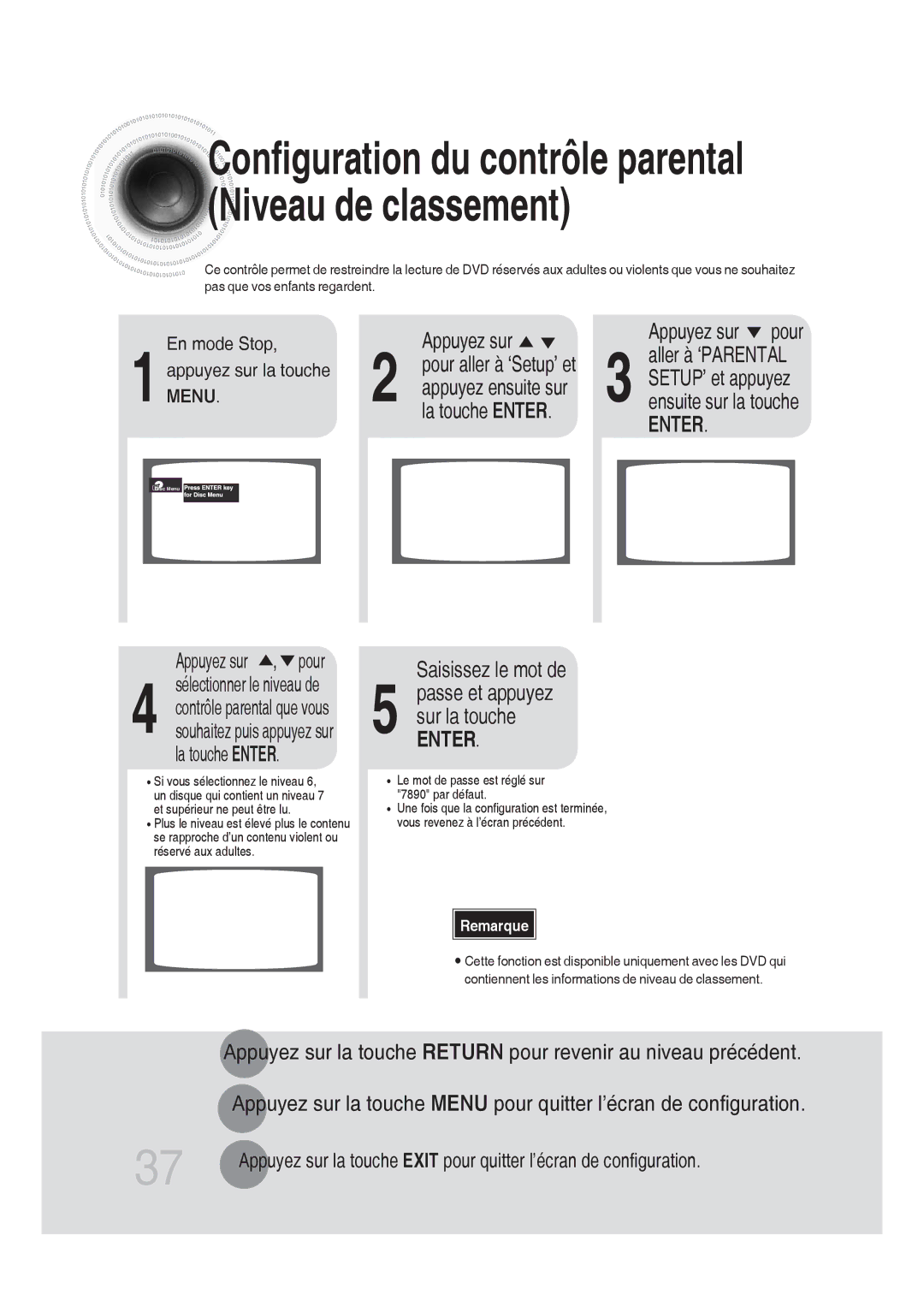 Samsung MM-DG25R/XEF manual Saisissez le mot de, La touche Enter, Appuyez sur , pour, Mode Stop, Appuyez sur la touche 