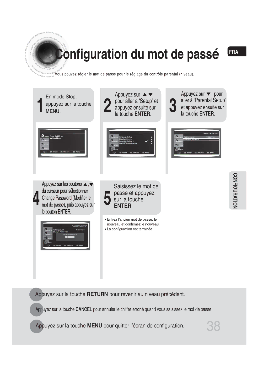 Samsung MM-DG25R/XEF manual Configuration du mot de passé FRA, Appuyez sur, Pour aller à ‘Setup’ et, La touche Enter 