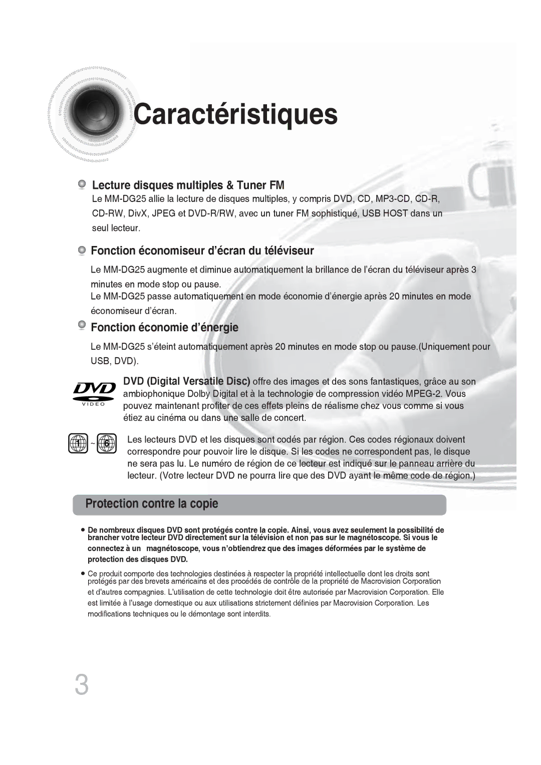 Samsung MM-DG25R/XEF manual Caractéristiques, Protection contre la copie 