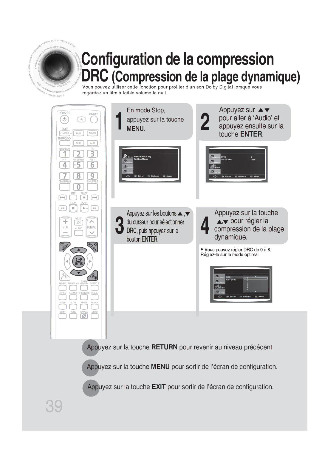 Samsung MM-DG25R/XEF manual Touche Enter, Pour aller à ‘Audio’ et, En mode Stop, Appuyez ensuite sur la 