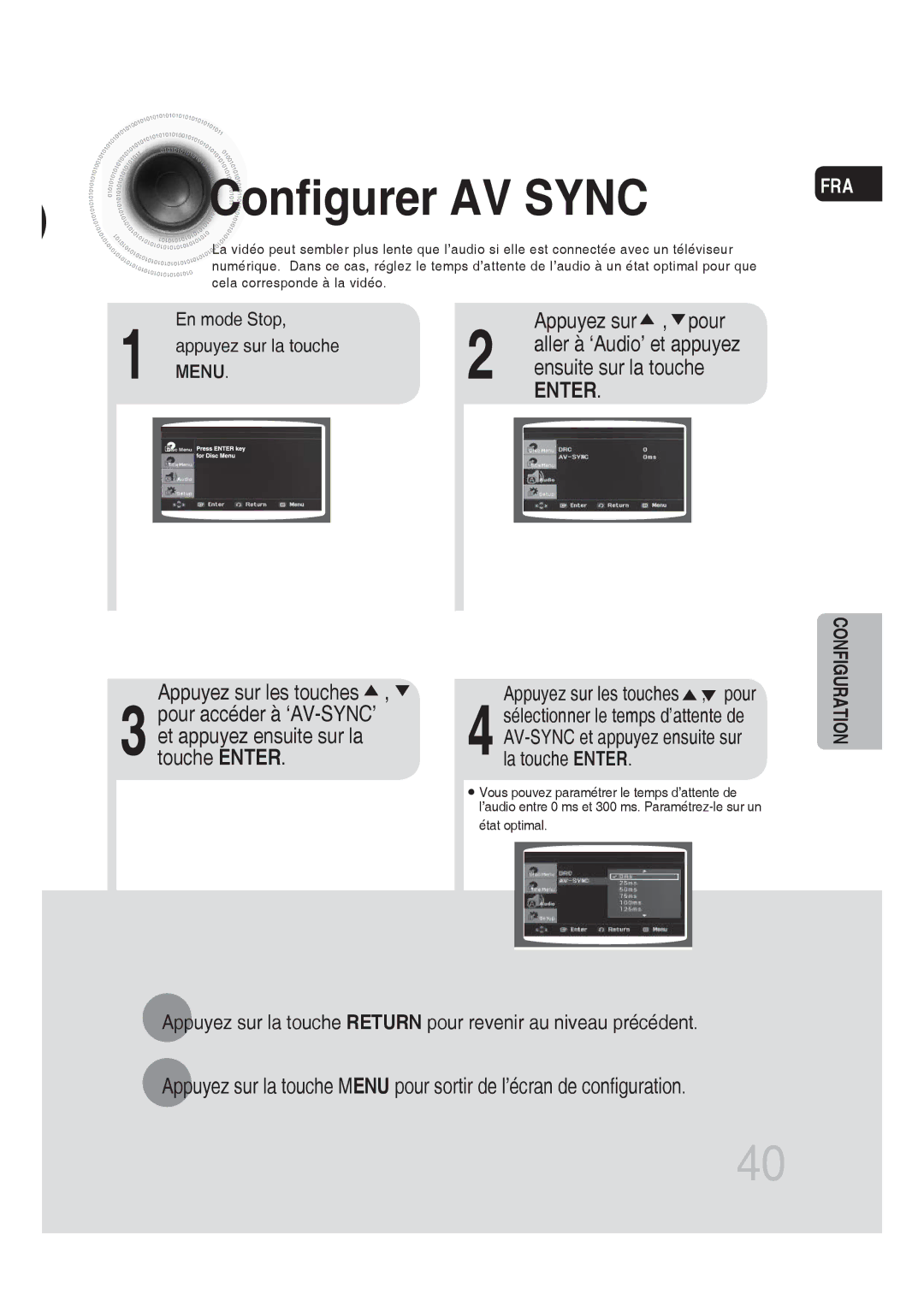 Samsung MM-DG25R/XEF manual Et appuyez ensuite sur la touche Enter Appuyez sur , pour, Appuyez sur les touches , pour 