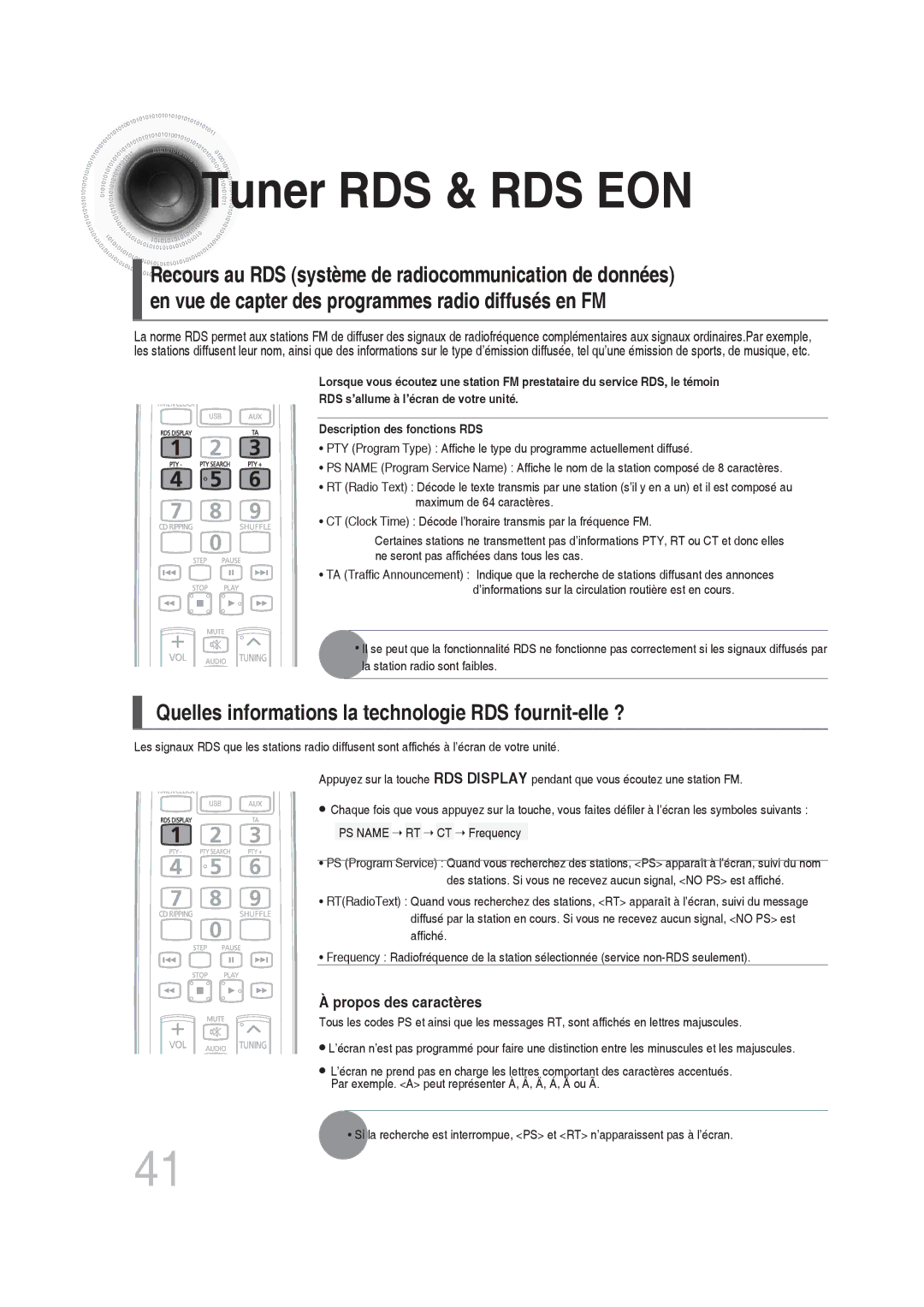 Samsung MM-DG25R/XEF Tuner RDS & RDS EON, Quelles informations la technologie RDS fournit-elle ?, Propos des caractères 