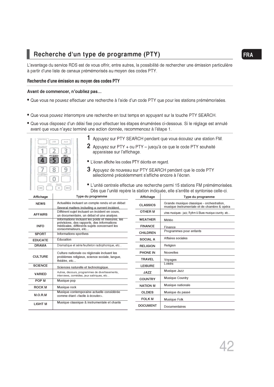 Samsung MM-DG25R/XEF manual Recherche dun type de programme PTY, Avant de commencer, n’oubliez pas… 