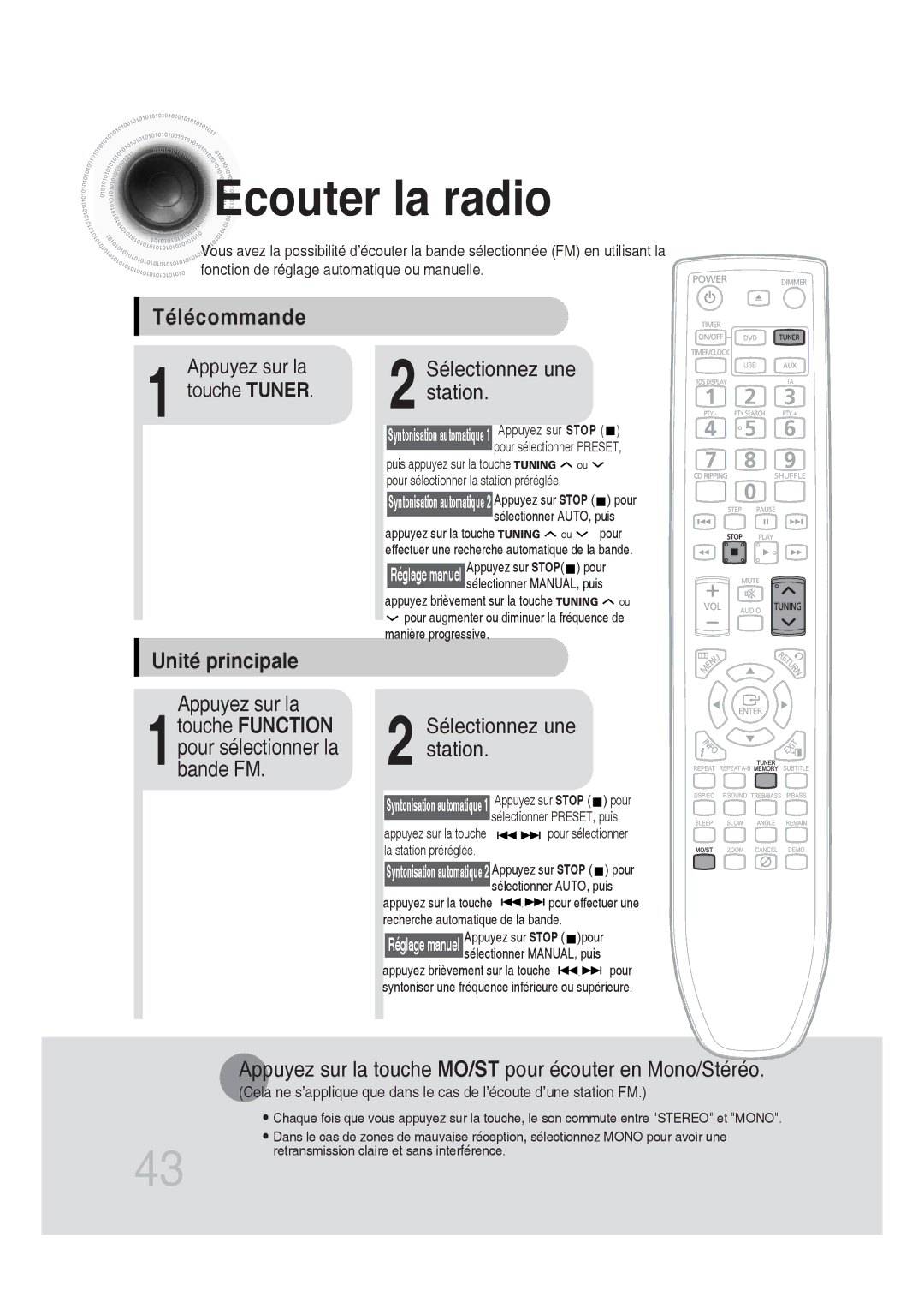 Samsung MM-DG25R/XEF manual Ecouter la radio, Télécommande, Unité principale 