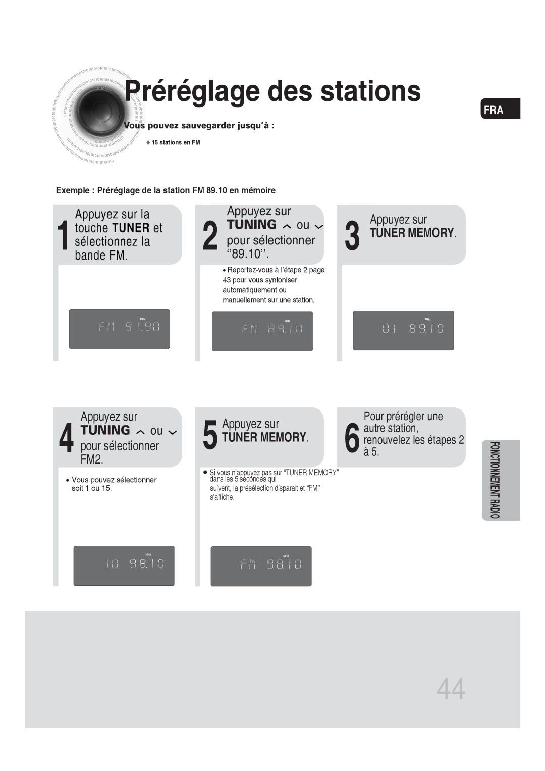 Samsung MM-DG25R/XEF manual Préréglage des stations, 5Appuyez sur, Pour prérégler une 