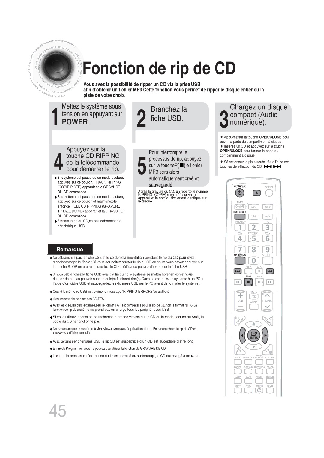 Samsung MM-DG25R/XEF manual Fonction de rip de CD, Chargez un disque 3compact Audio Numérique, Mettez le système sous 