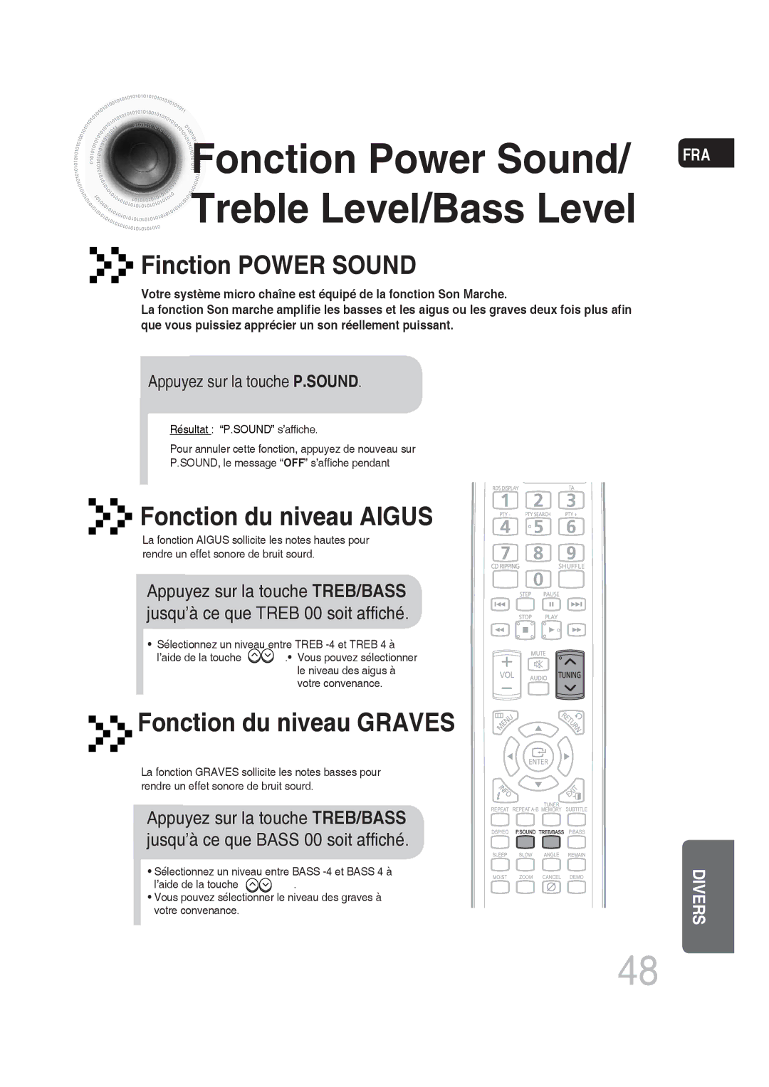 Samsung MM-DG25R/XEF manual Finction Power Sound, Fonction du niveau Aigus, Fonction du niveau Graves 