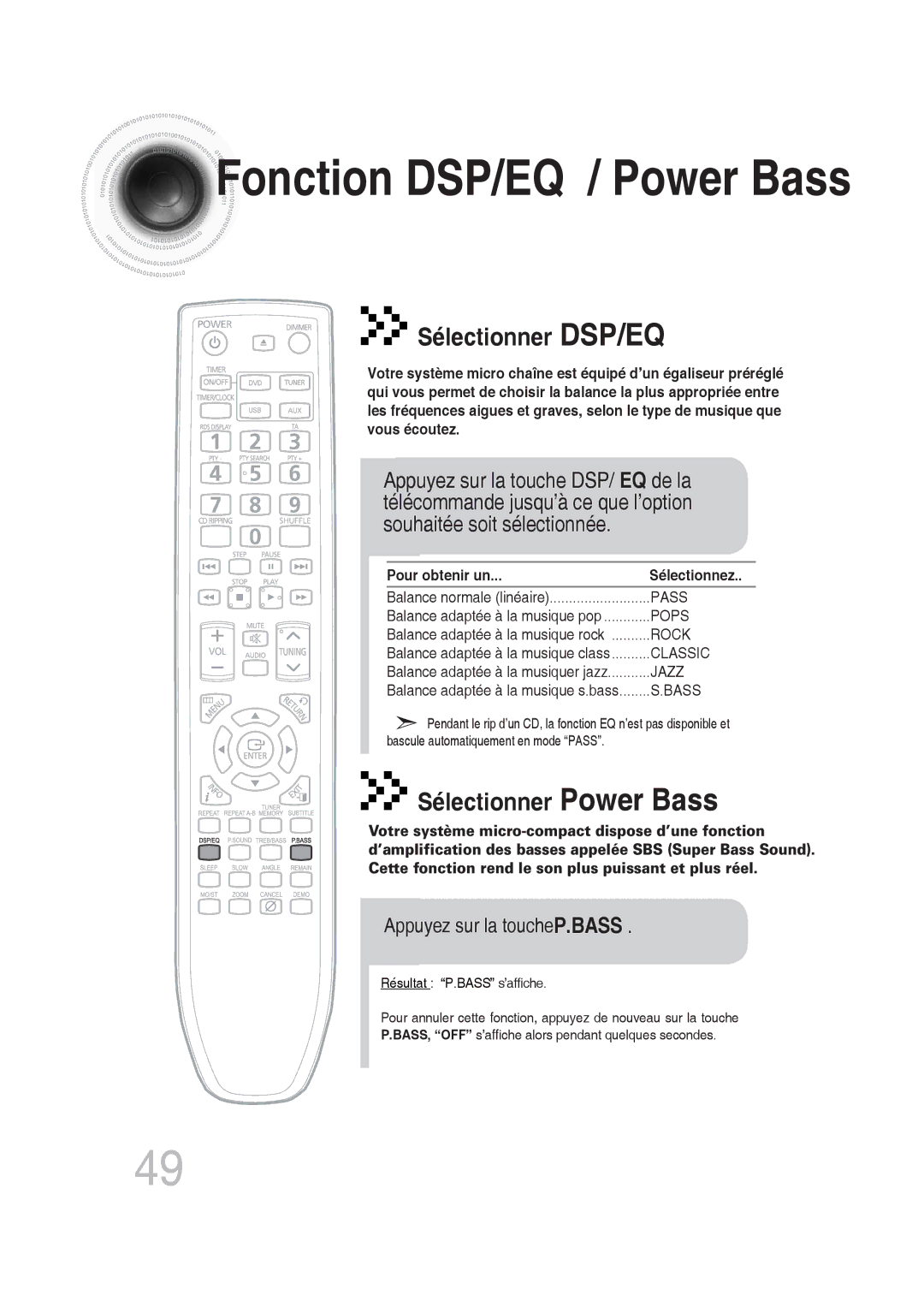 Samsung MM-DG25R/XEF manual Fonction DSP/EQ / Power Bass, Appuyez sur la toucheP.BASS, Pour obtenir un Sélectionnez 