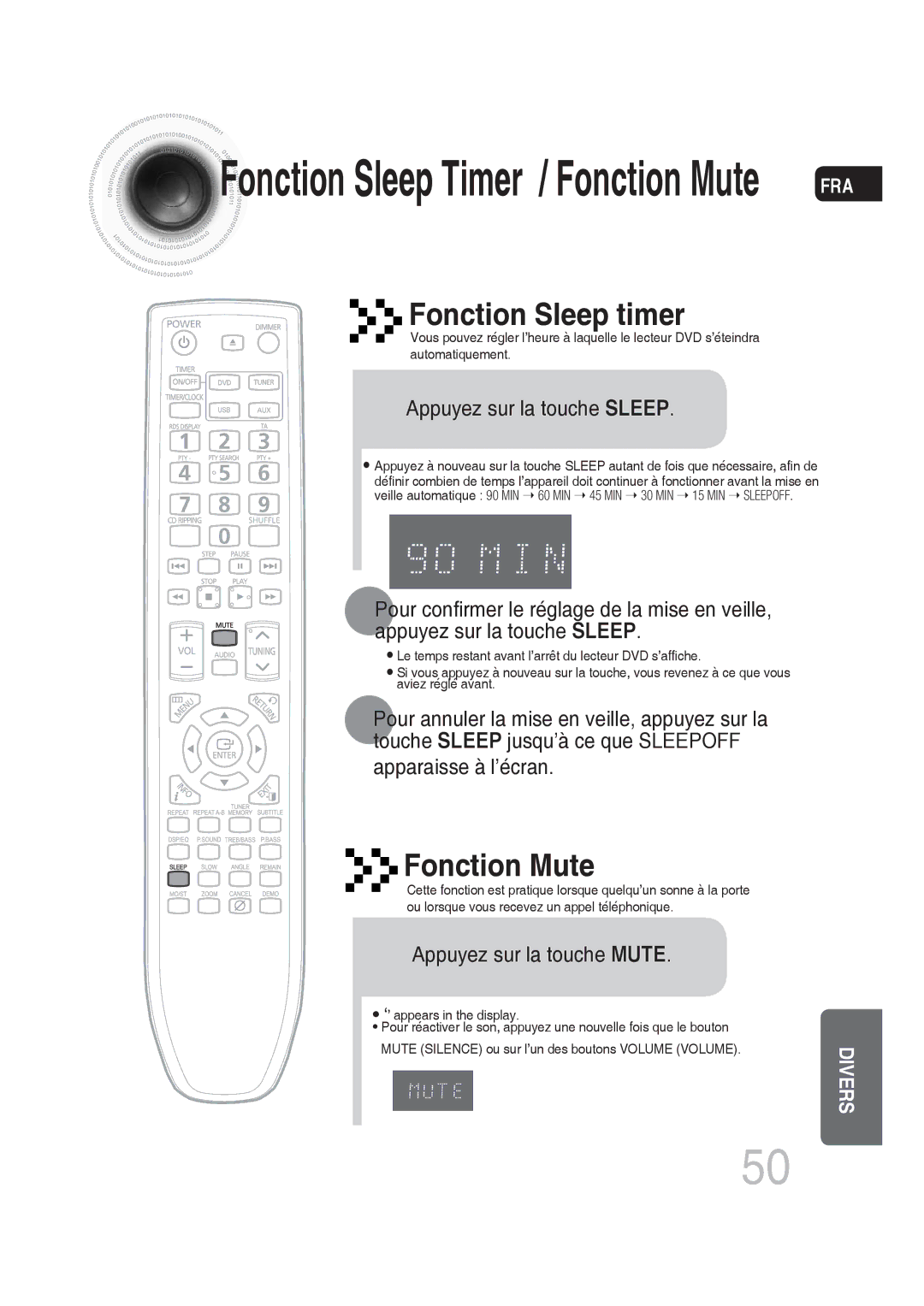 Samsung MM-DG25R/XEF manual Fonction Sleep timer, Fonction Mute, Appuyez sur la touche Sleep, Apparaisse à l’écran 