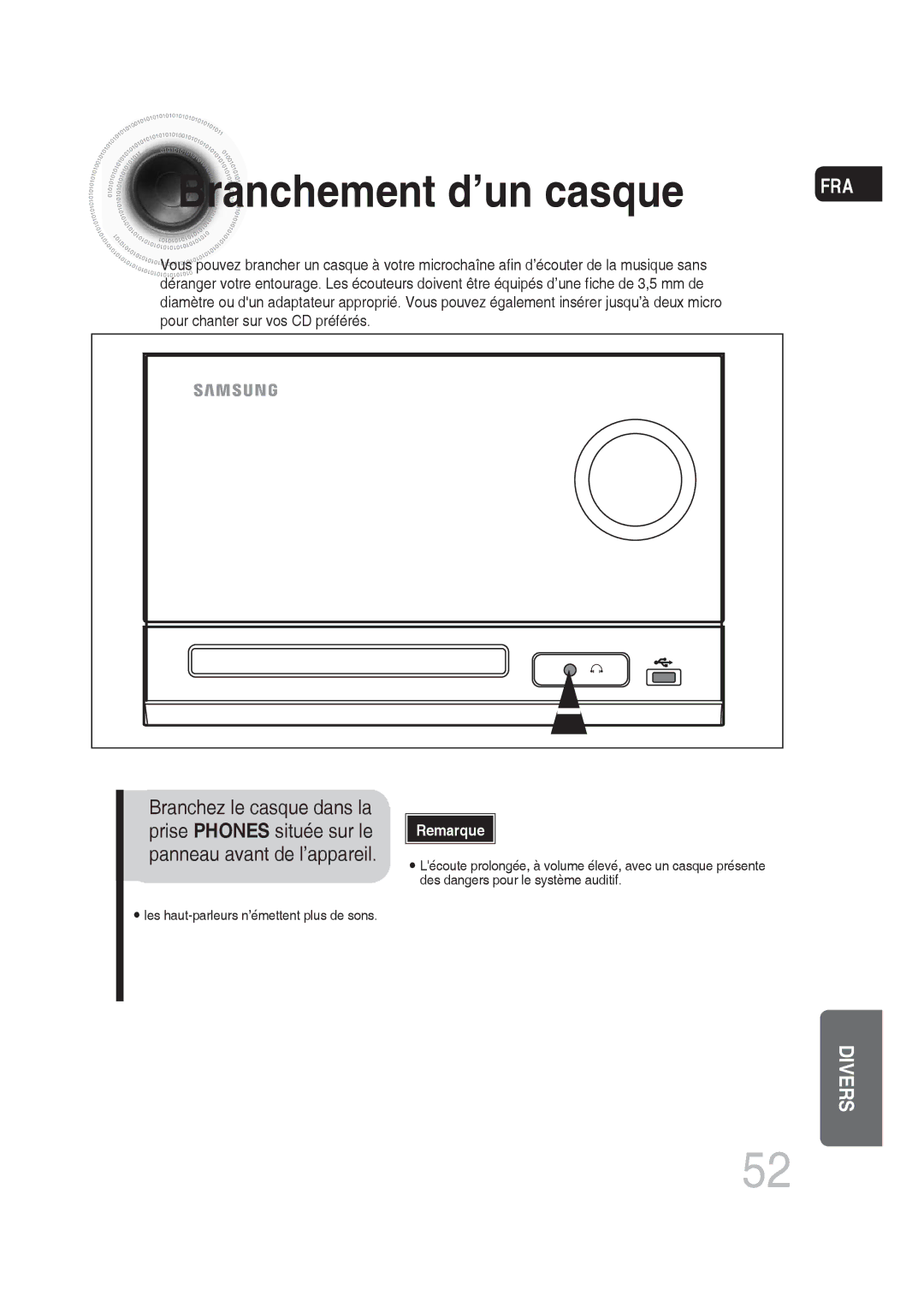 Samsung MM-DG25R/XEF manual Branchement d’un casque 