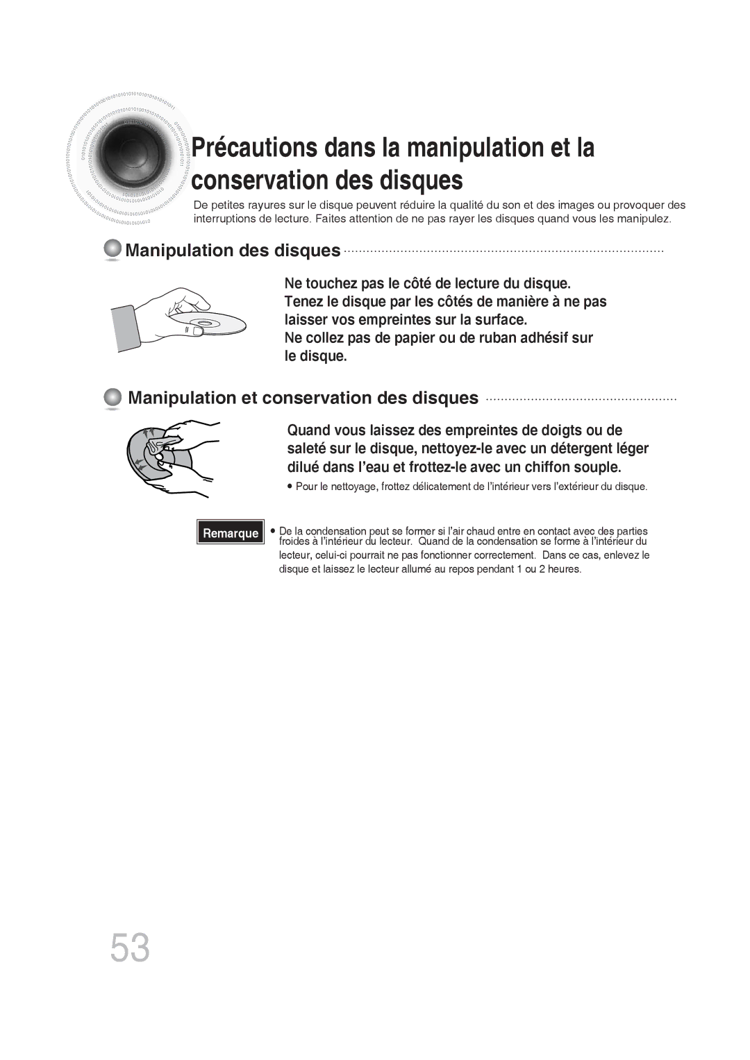 Samsung MM-DG25R/XEF manual Manipulation des disques, Manipulation et conservation des disques 