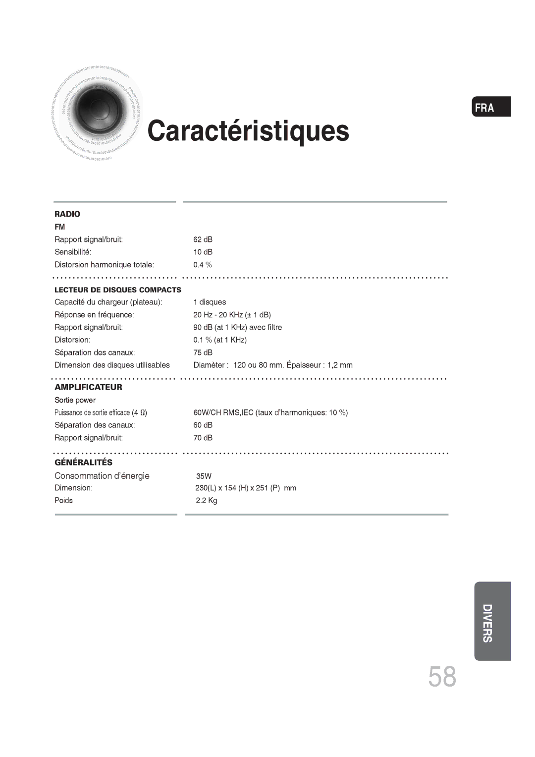 Samsung MM-DG25R/XEF manual Consommation d’énergie 