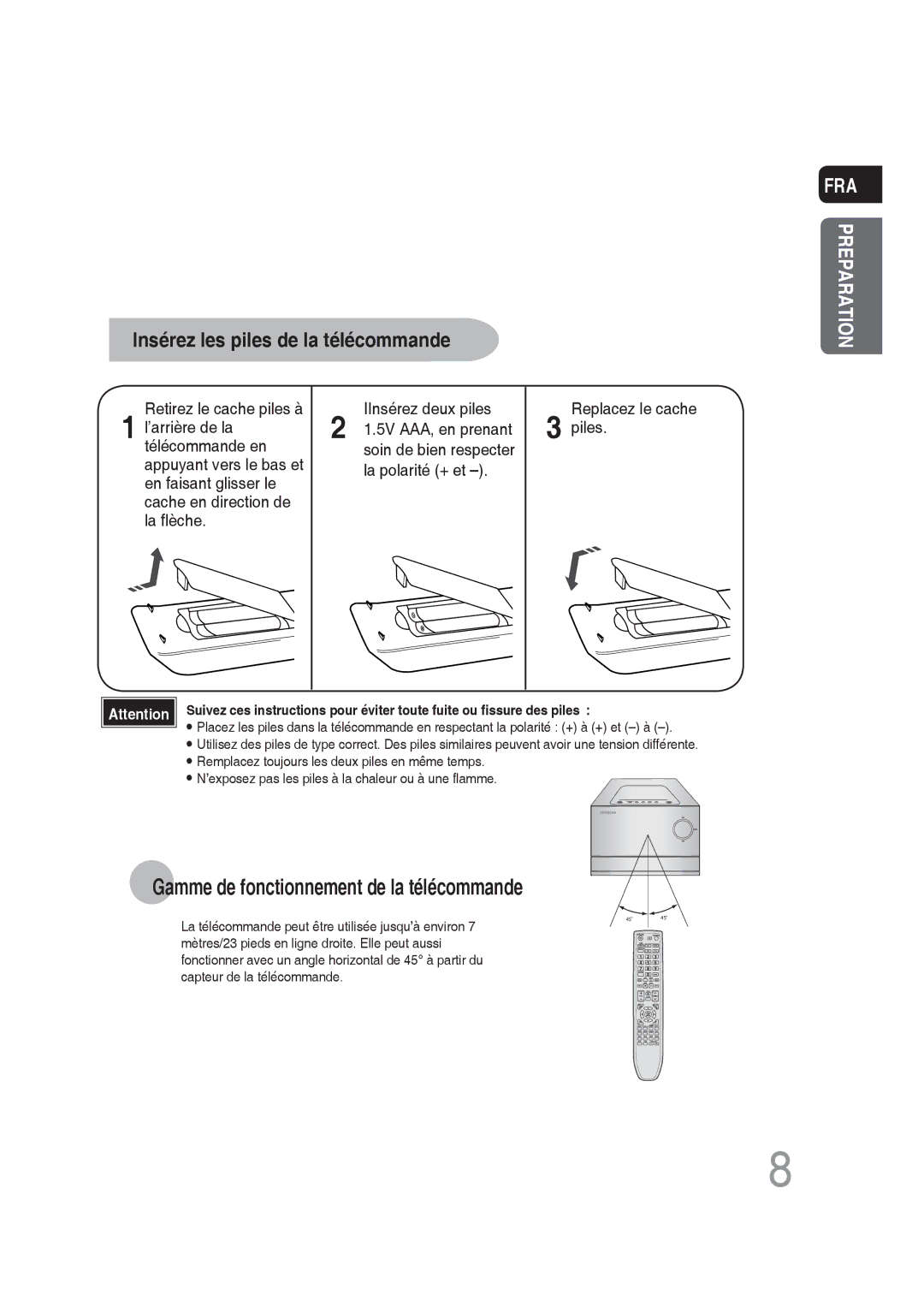 Samsung MM-DG25R/XEF manual Gamme de fonctionnement de la télécommande, Replacez le cache Piles 