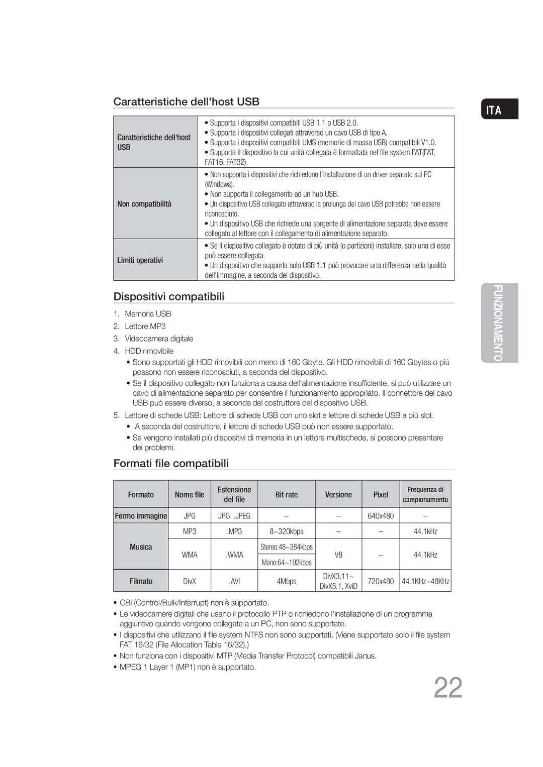 Samsung MM-DG25R/XET manual Caratteristiche dellhost USB 