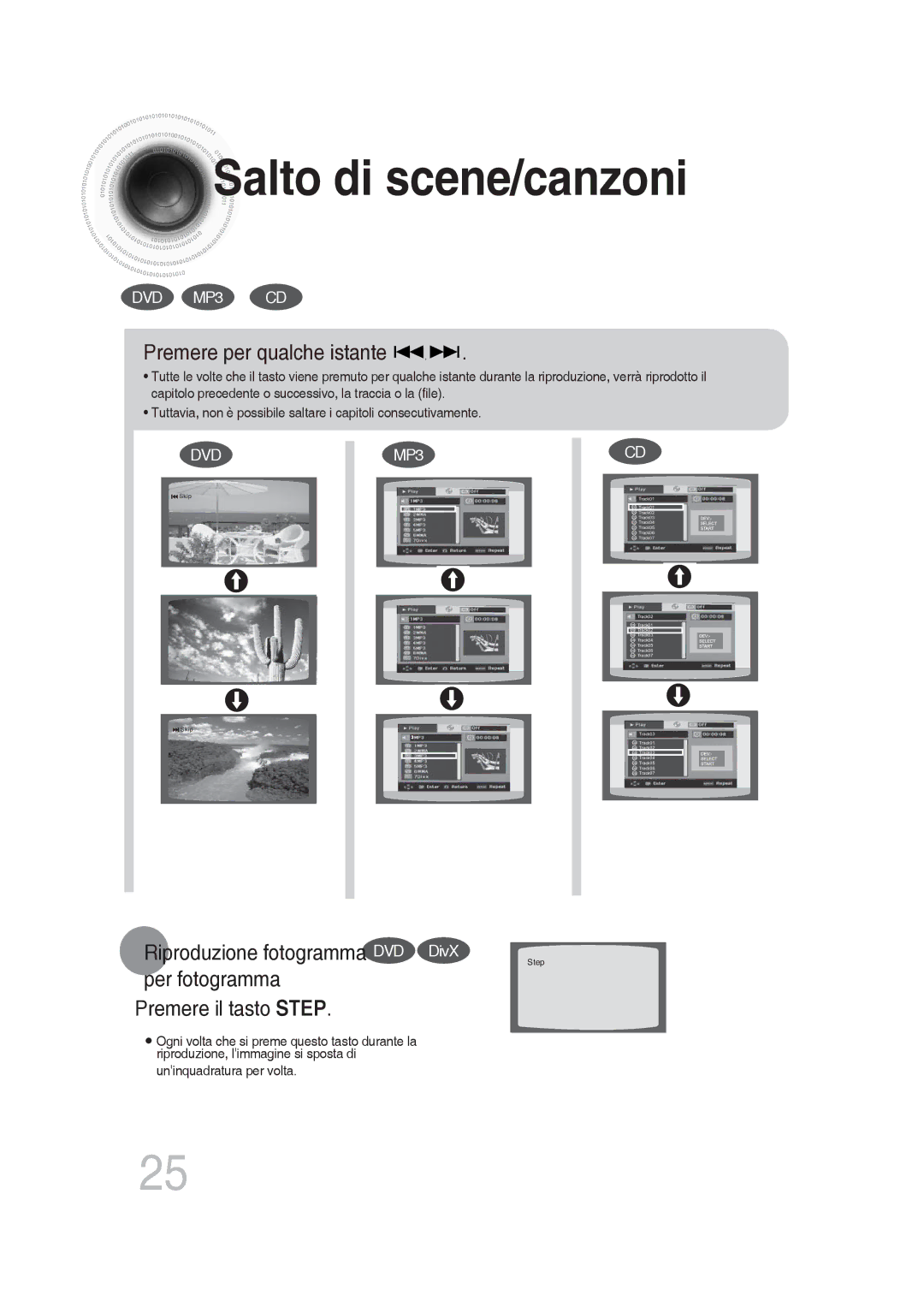 Samsung MM-DG25R/XET manual Salto di scene/canzoni, Premere per qualche istante 