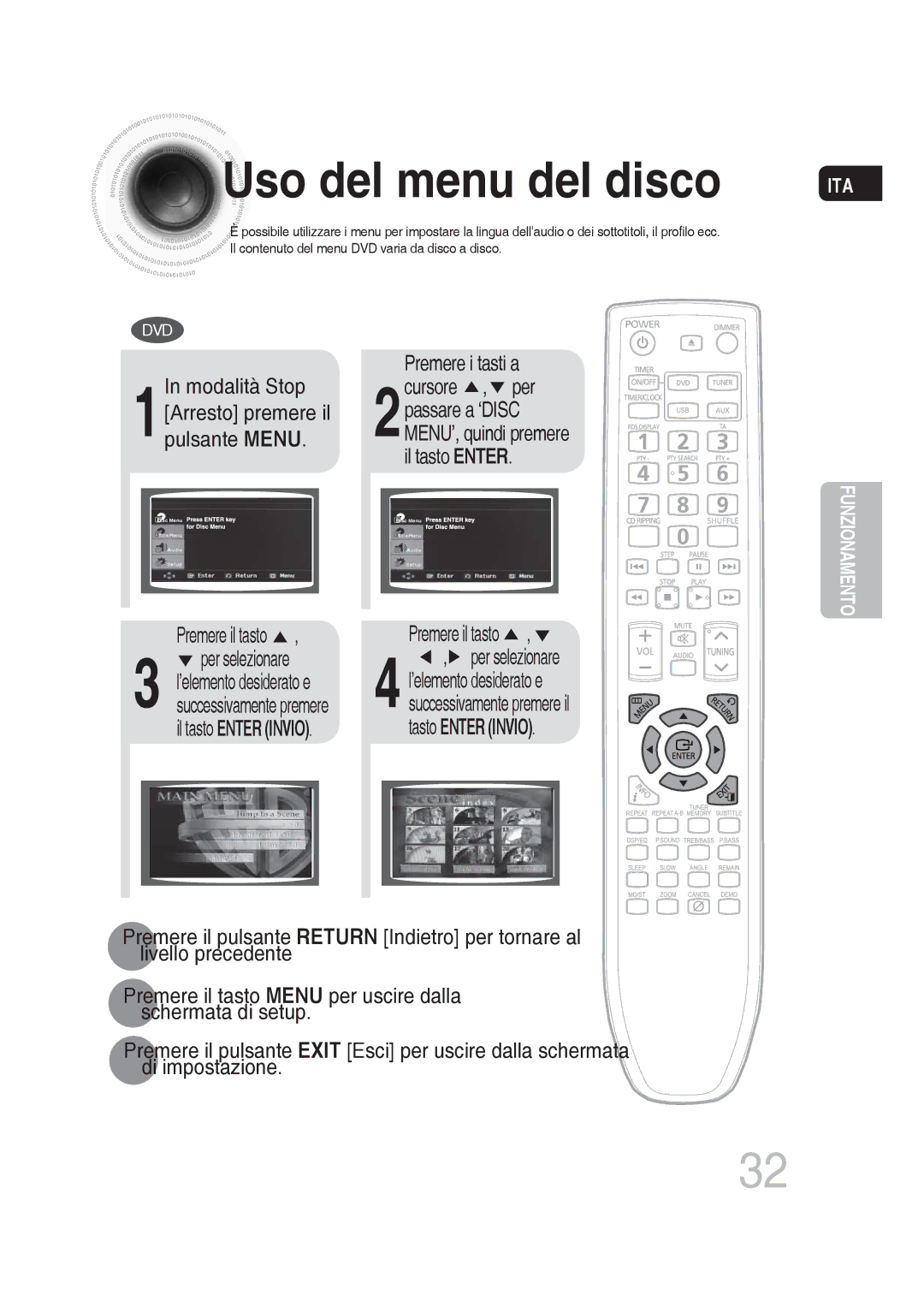 Samsung MM-DG25R/XET manual Uso del menu del disco, Premere i tasti a 