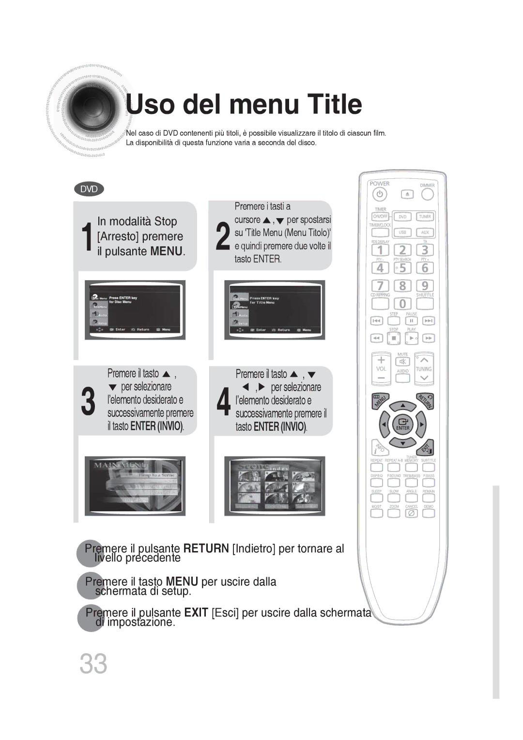 Samsung MM-DG25R/XET manual Uso del menu Title, 1In modalità Stop Arresto premere il pulsante Menu 