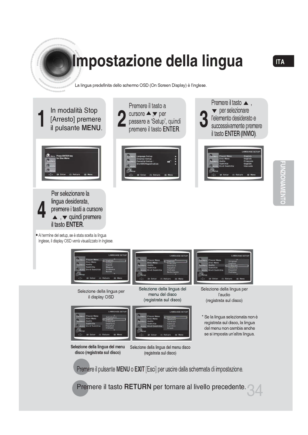 Samsung MM-DG25R/XET manual Impostazione della lingua, Per selezionare la, Premere il tasto a 