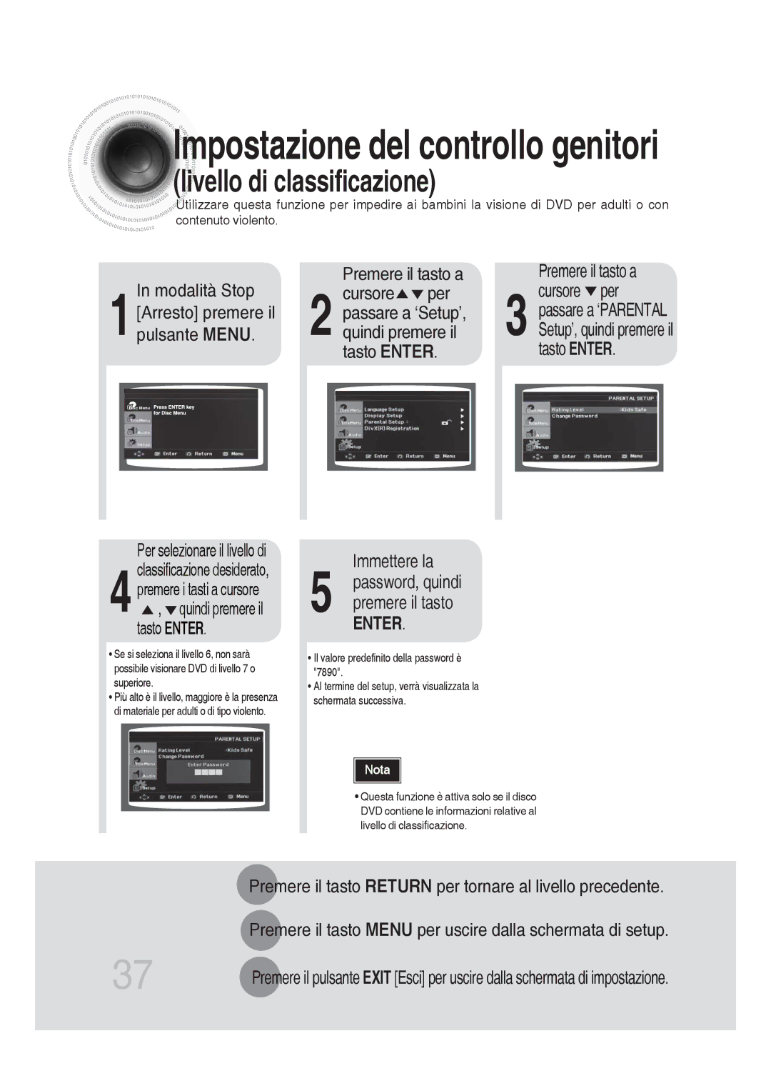 Samsung MM-DG25R/XET manual Impostazione del controllo genitori, Immettere la 