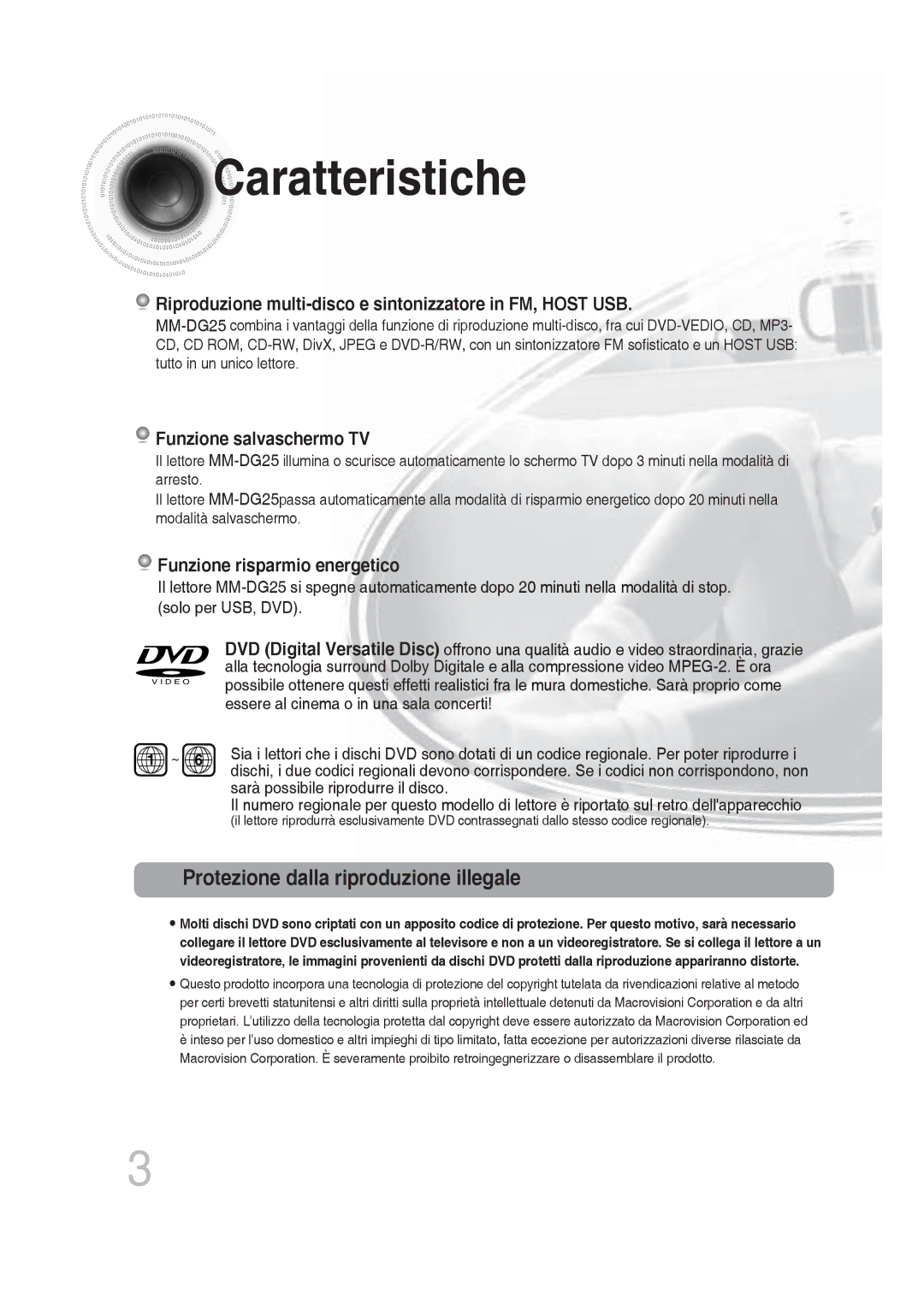 Samsung MM-DG25R/XET manual Caratteristiche, Protezione dalla riproduzione illegale 