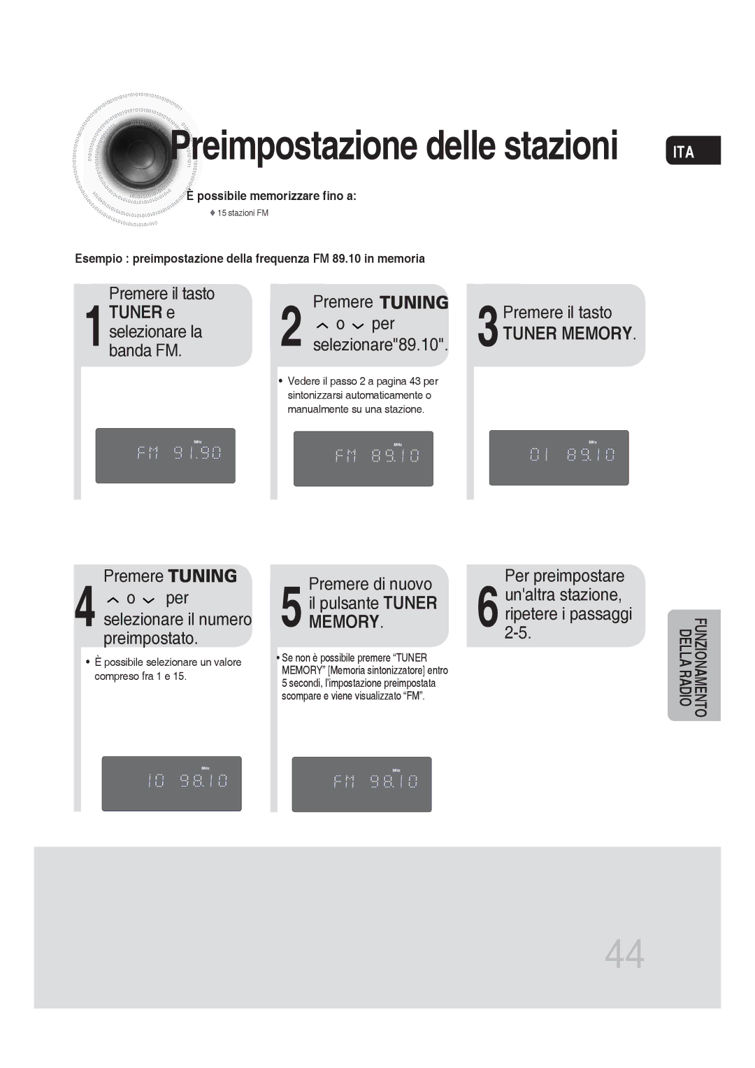 Samsung MM-DG25R/XET manual Premere Tuning, 3Premere il tasto, Tuner Memory, Per preimpostare 