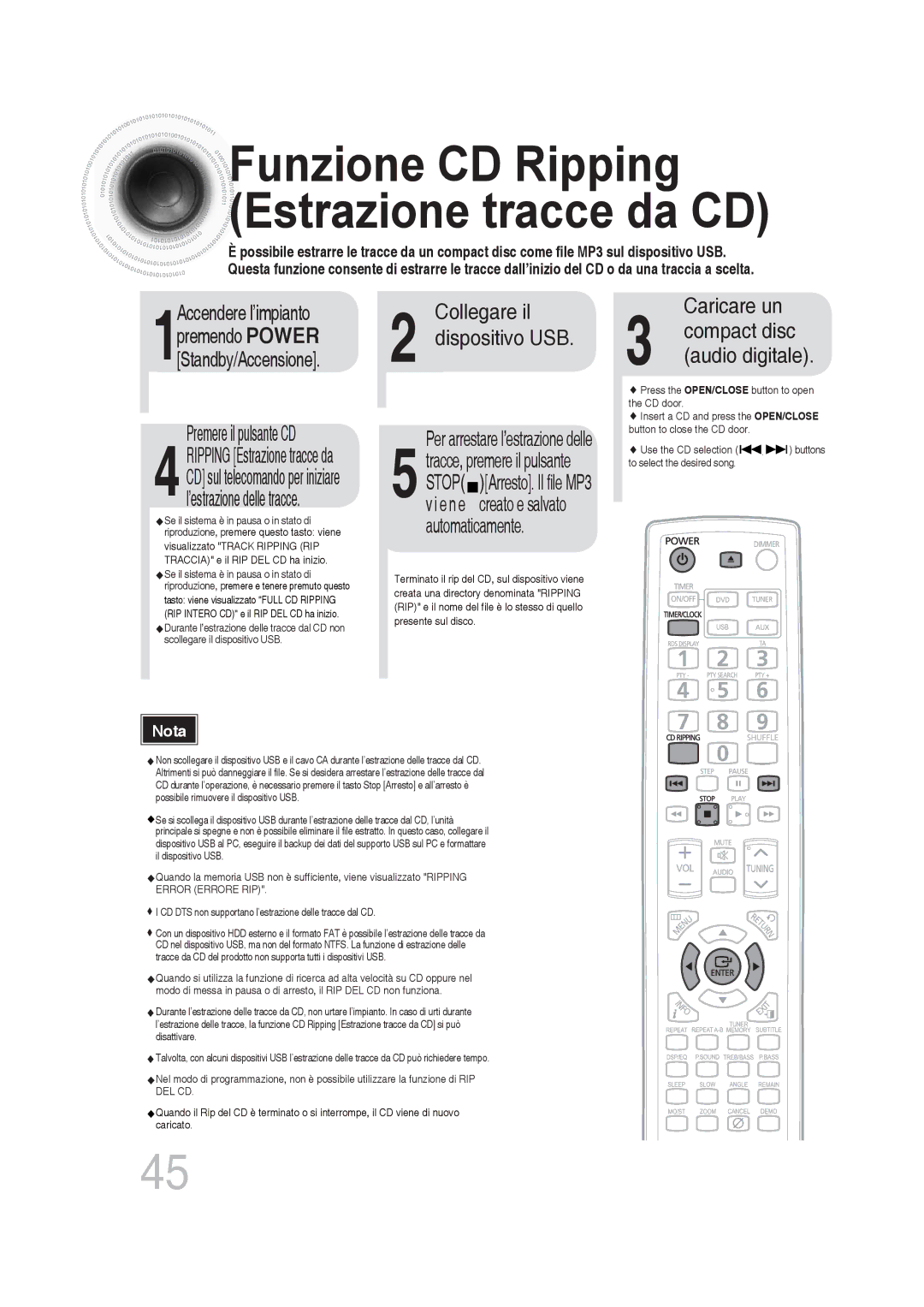 Samsung MM-DG25R/XET manual Funzione CD Ripping Estrazione tracce da CD, Caricare un 