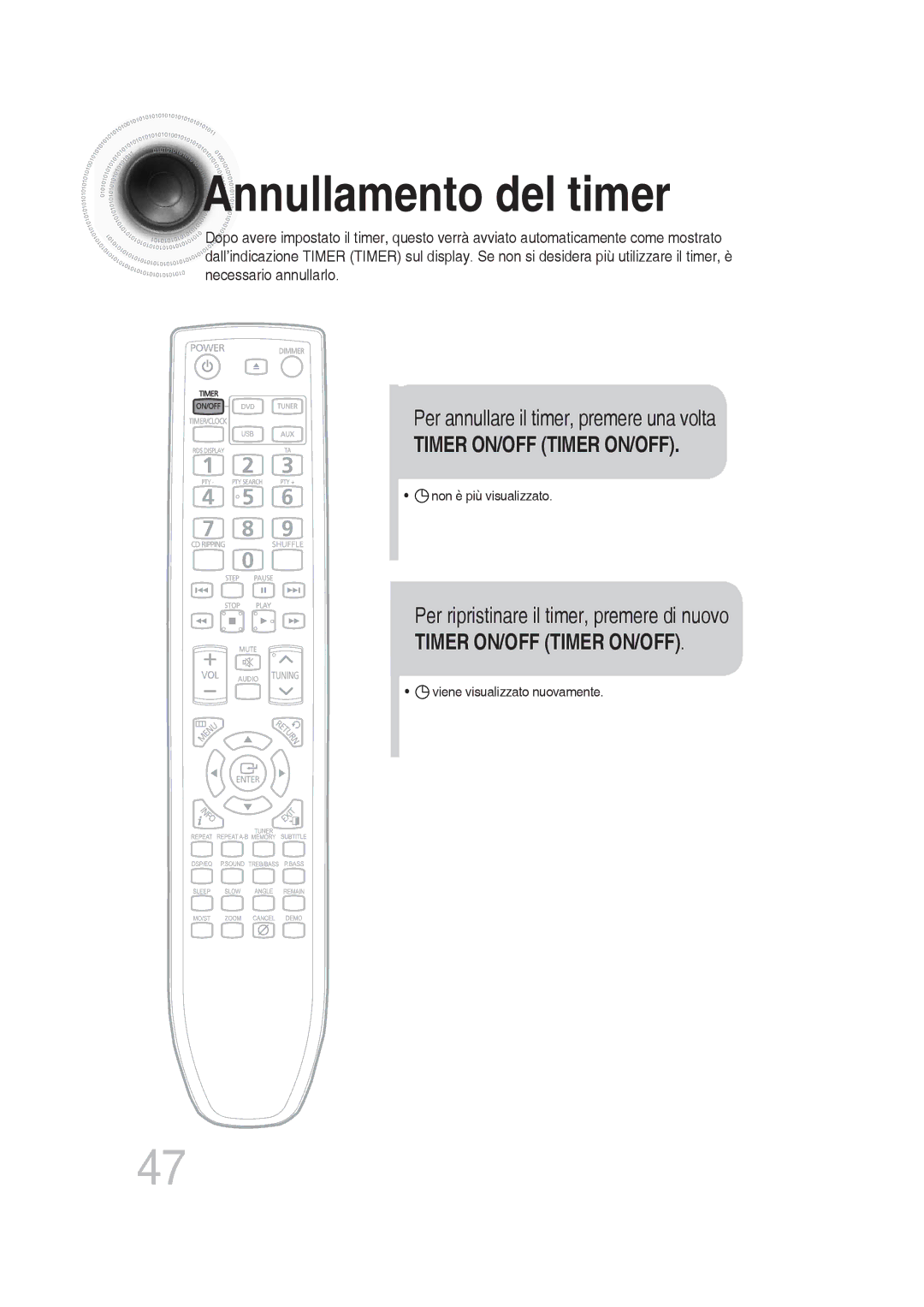 Samsung MM-DG25R/XET manual Annullamento del timer, Per annullare il timer, premere una volta, Timer ON/OFF Timer ON/OFF 