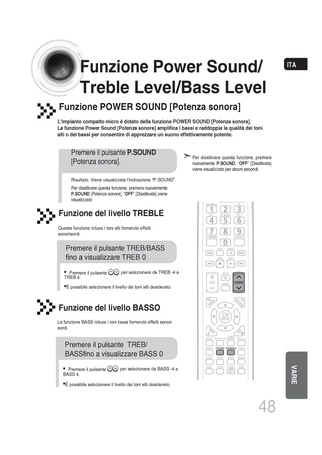 Samsung MM-DG25R/XET Funzione Power Sound/ Treble Level/Bass Level, Premere il pulsante Treb BASSfino a visualizzare Bass 