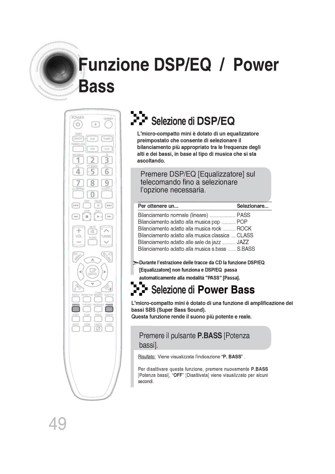 Samsung MM-DG25R/XET manual Funzione DSP/EQ / Power Bass, Premere il pulsante P.BASS Potenza bassi 